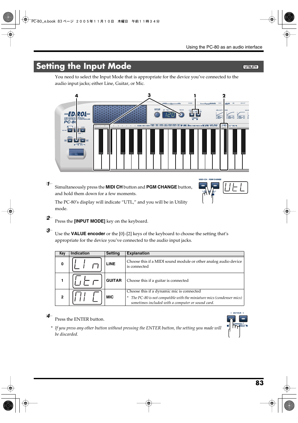 Setting the input mode, P. 83, P. 83)) | Edirol PC-80 User Manual | Page 83 / 136