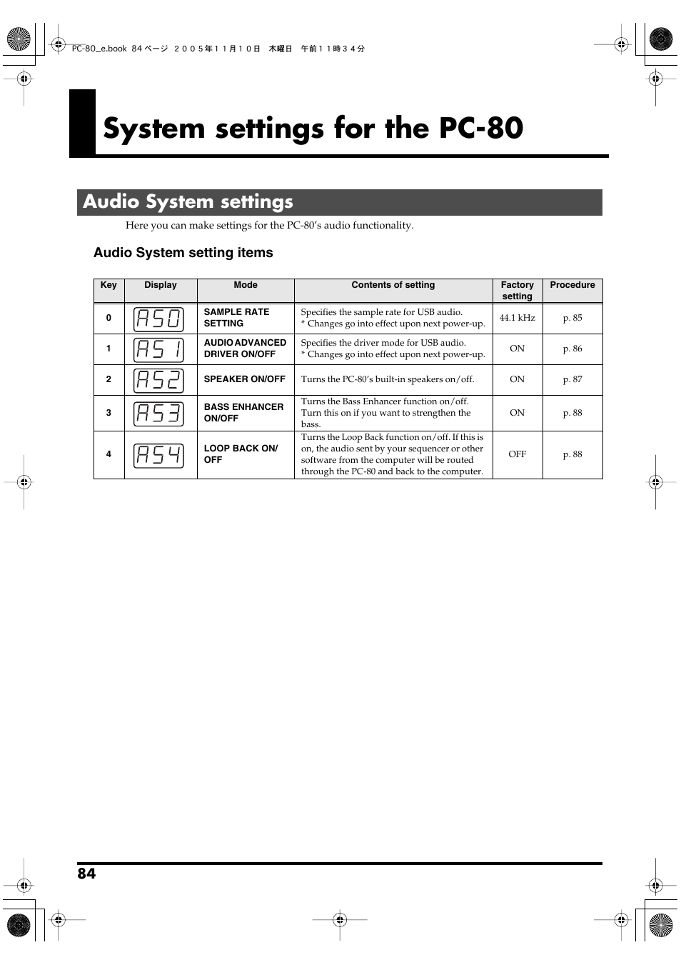 System settings for the pc-80, Audio system settings, P. 84 | Audio system setting items | Edirol PC-80 User Manual | Page 84 / 136