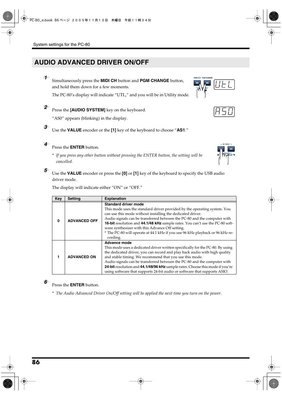 Audio advanced driver on/off, P. 86 | Edirol PC-80 User Manual | Page 86 / 136