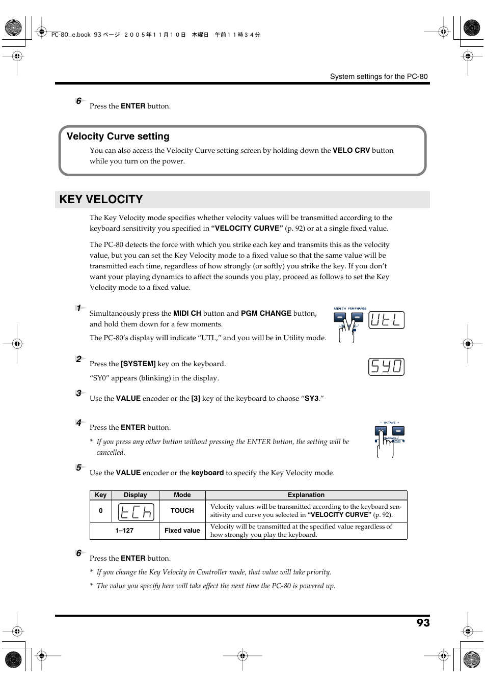 Key velocity, P. 93, Velocity curve setting | Edirol PC-80 User Manual | Page 93 / 136