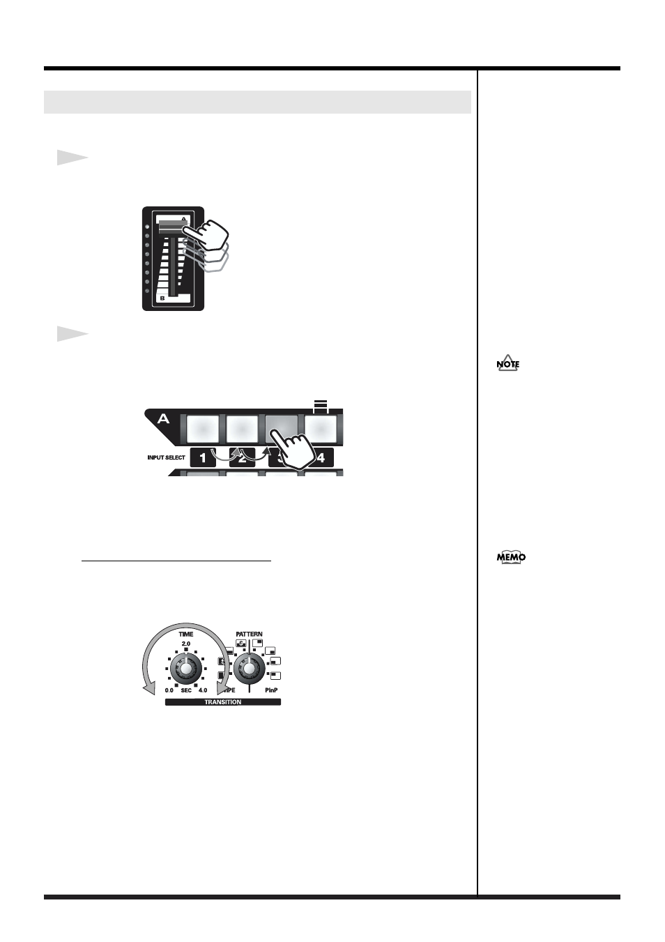 Using the input selector to switch video sources, Ransition time knob (p.17), A" input selectors (p. 17) | B" input selectors (p. 17), Mix button (p. 18), Adjusting the transition time | Edirol V1 video mixer User Manual | Page 17 / 32