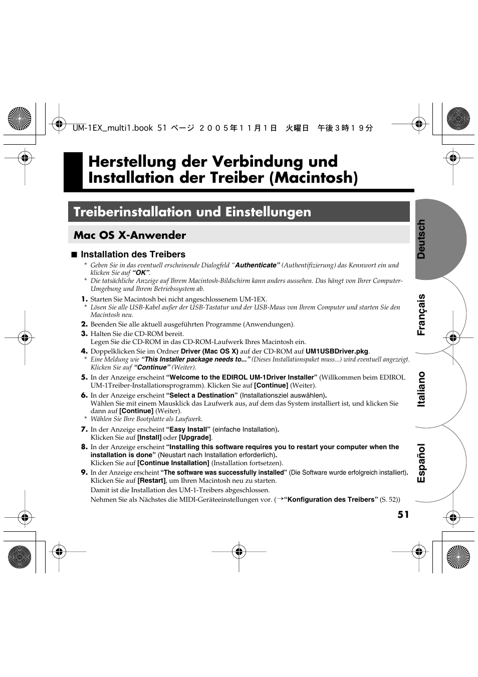 Treiberinstallation und einstellungen, Mac os x-anwender, Français deutsch italiano español | Installation des treibers | Edirol UM-1EX User Manual | Page 51 / 80