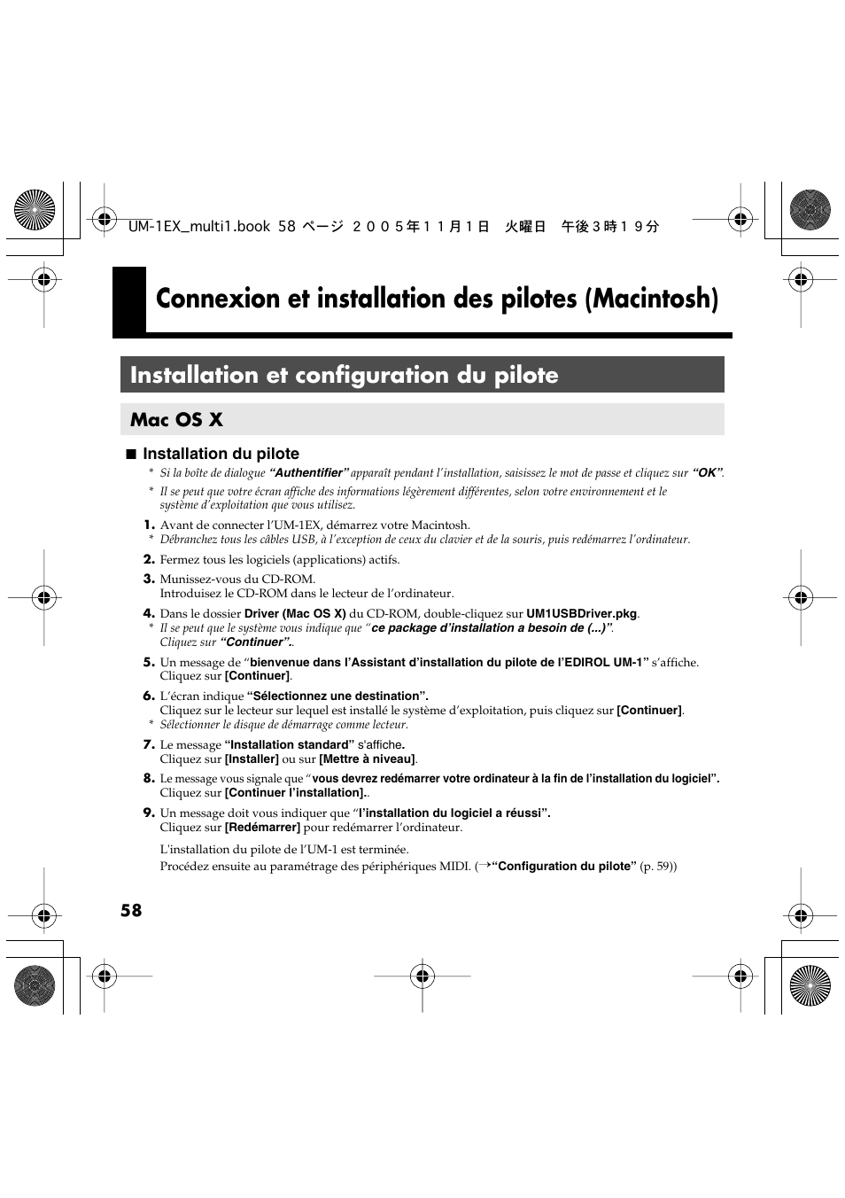 Connexion et installation des pilotes (macintosh), Installation et configuration du pilote, Mac os x | Installation du pilote | Edirol UM-1EX User Manual | Page 58 / 80