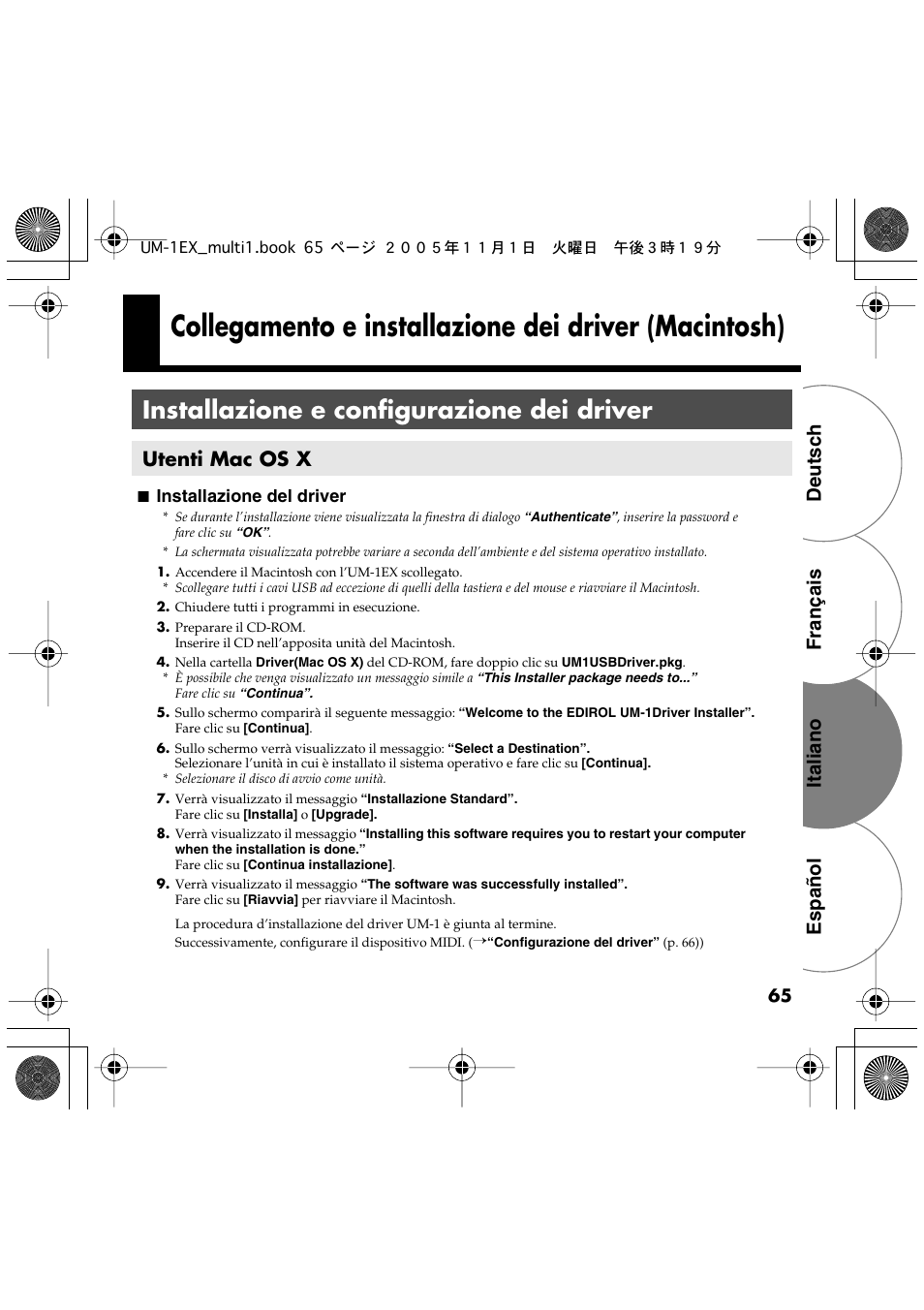 Installazione e configurazione dei driver, Utenti mac os x, Français deutsch italiano español | Installazione del driver | Edirol UM-1EX User Manual | Page 65 / 80
