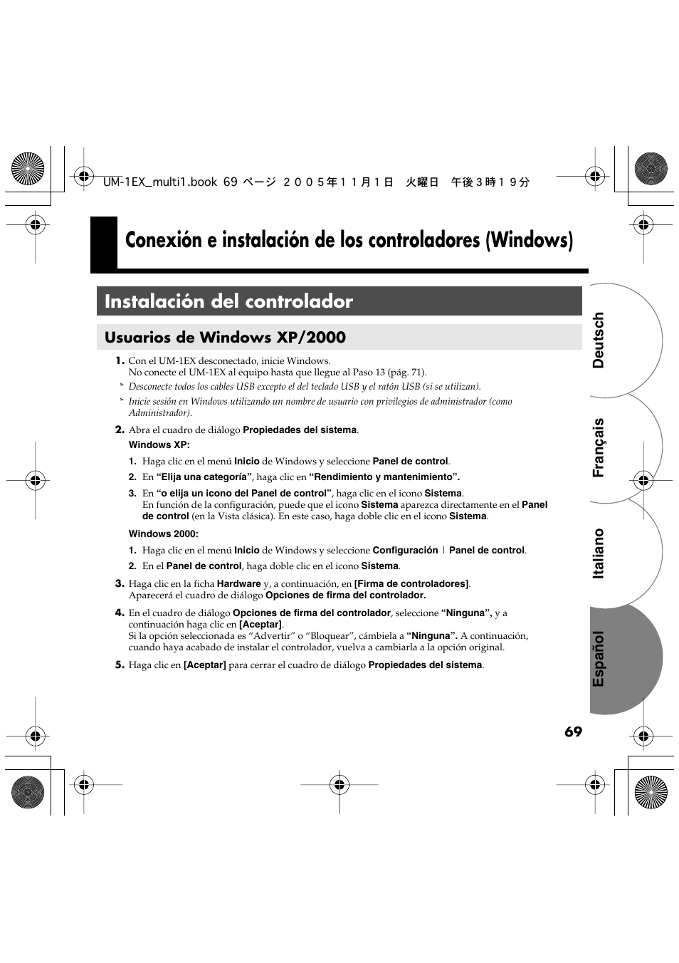Instalación del controlador, Usuarios de windows xp/2000, Français deutsch italiano español | Edirol UM-1EX User Manual | Page 69 / 80