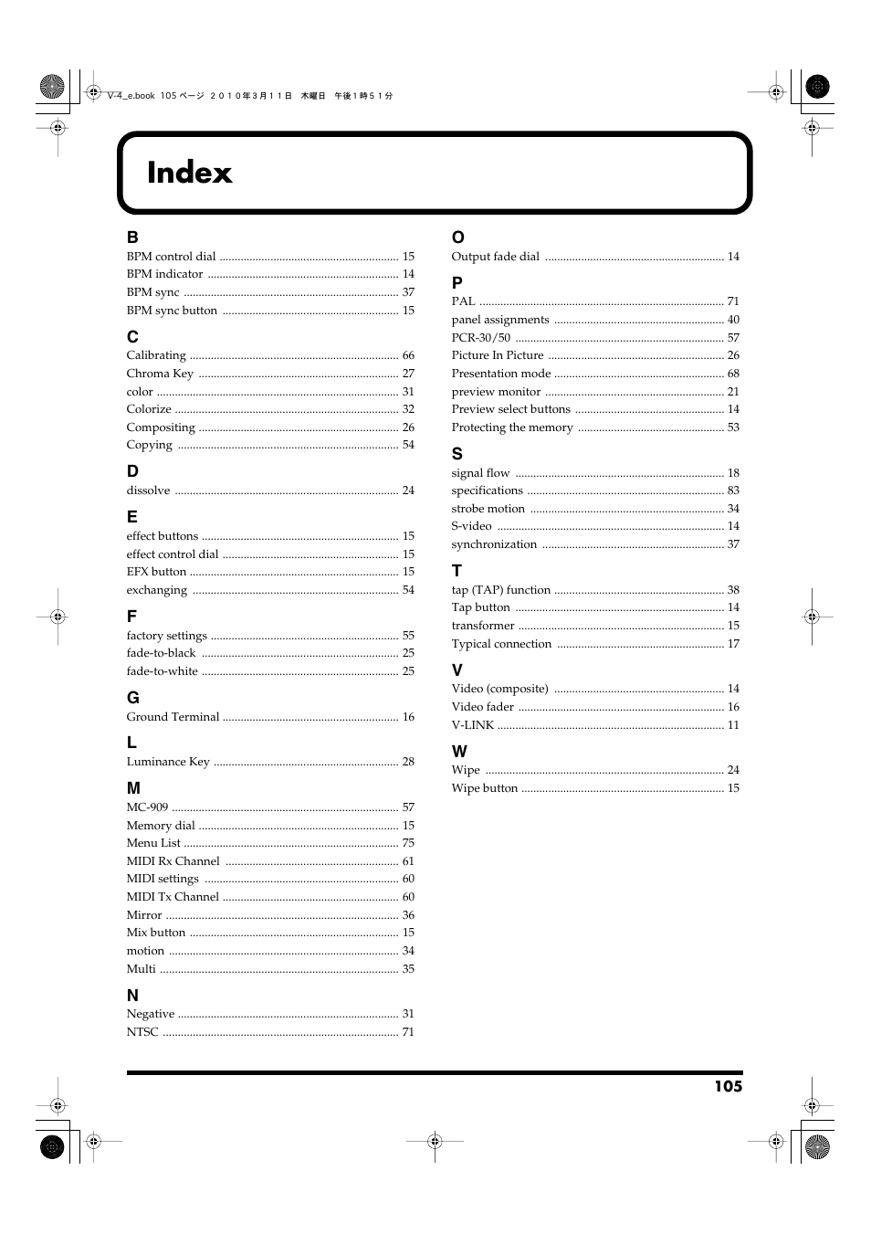 Index | Edirol 4-CHANNEL V-4 User Manual | Page 105 / 108