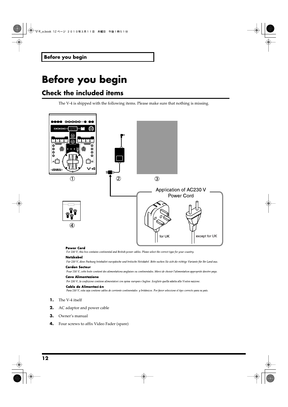 Before you begin, Check the included items | Edirol 4-CHANNEL V-4 User Manual | Page 12 / 108