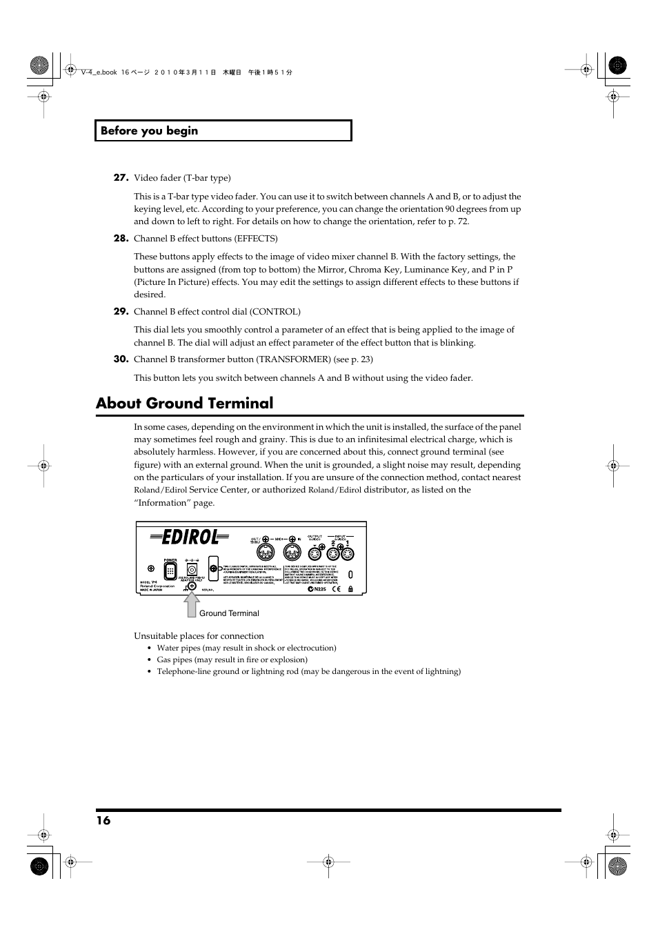 About ground terminal | Edirol 4-CHANNEL V-4 User Manual | Page 16 / 108