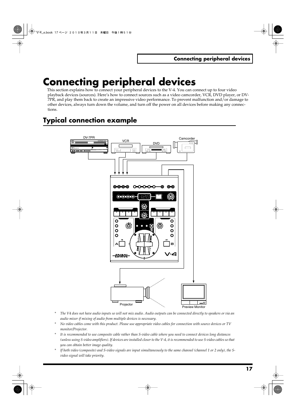 Connecting peripheral devices, Typical connection example | Edirol 4-CHANNEL V-4 User Manual | Page 17 / 108