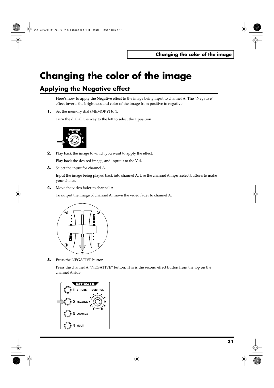 Changing the color of the image, Applying the negative effect | Edirol 4-CHANNEL V-4 User Manual | Page 31 / 108