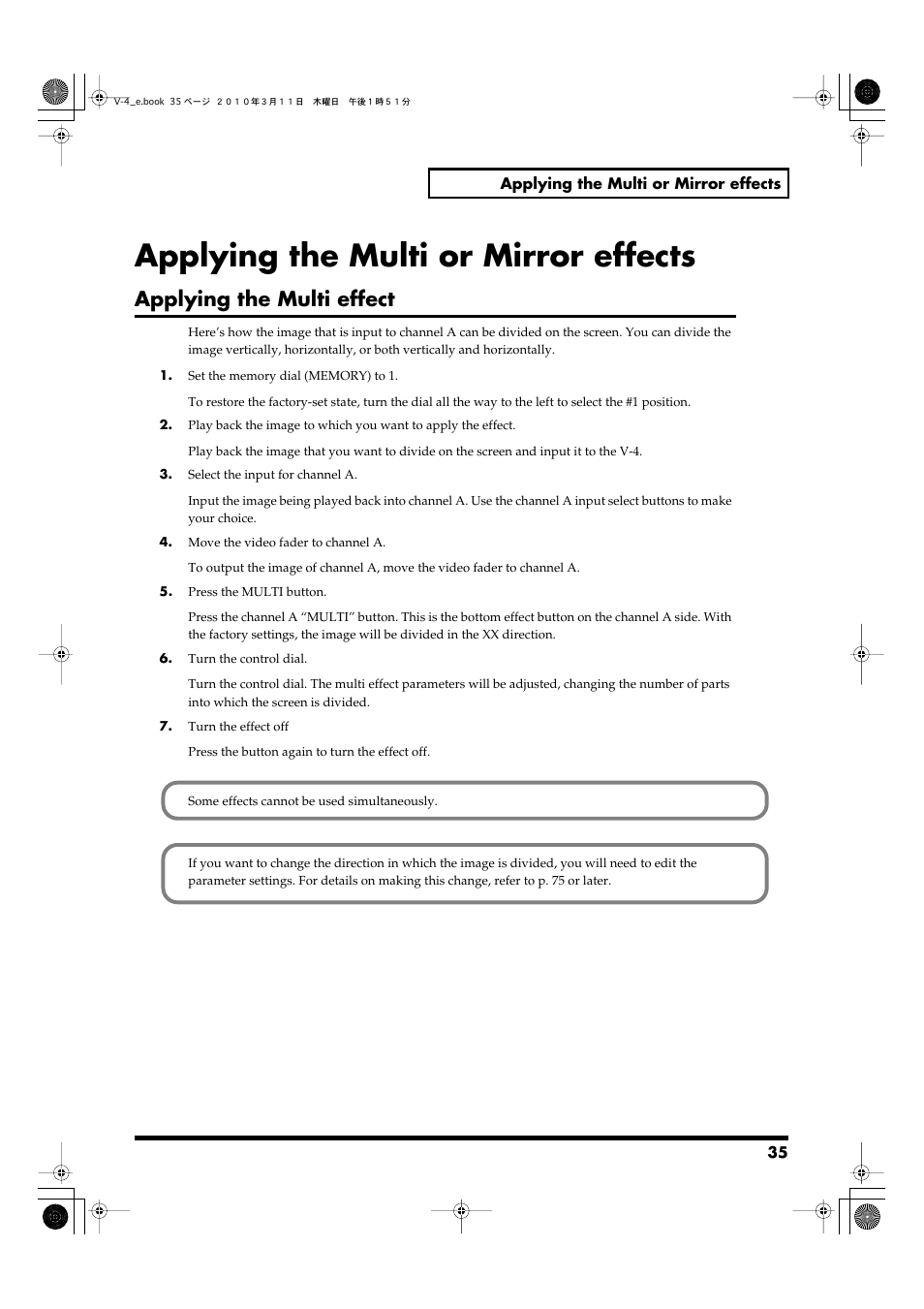 Applying the multi or mirror effects, Applying the multi effect | Edirol 4-CHANNEL V-4 User Manual | Page 35 / 108