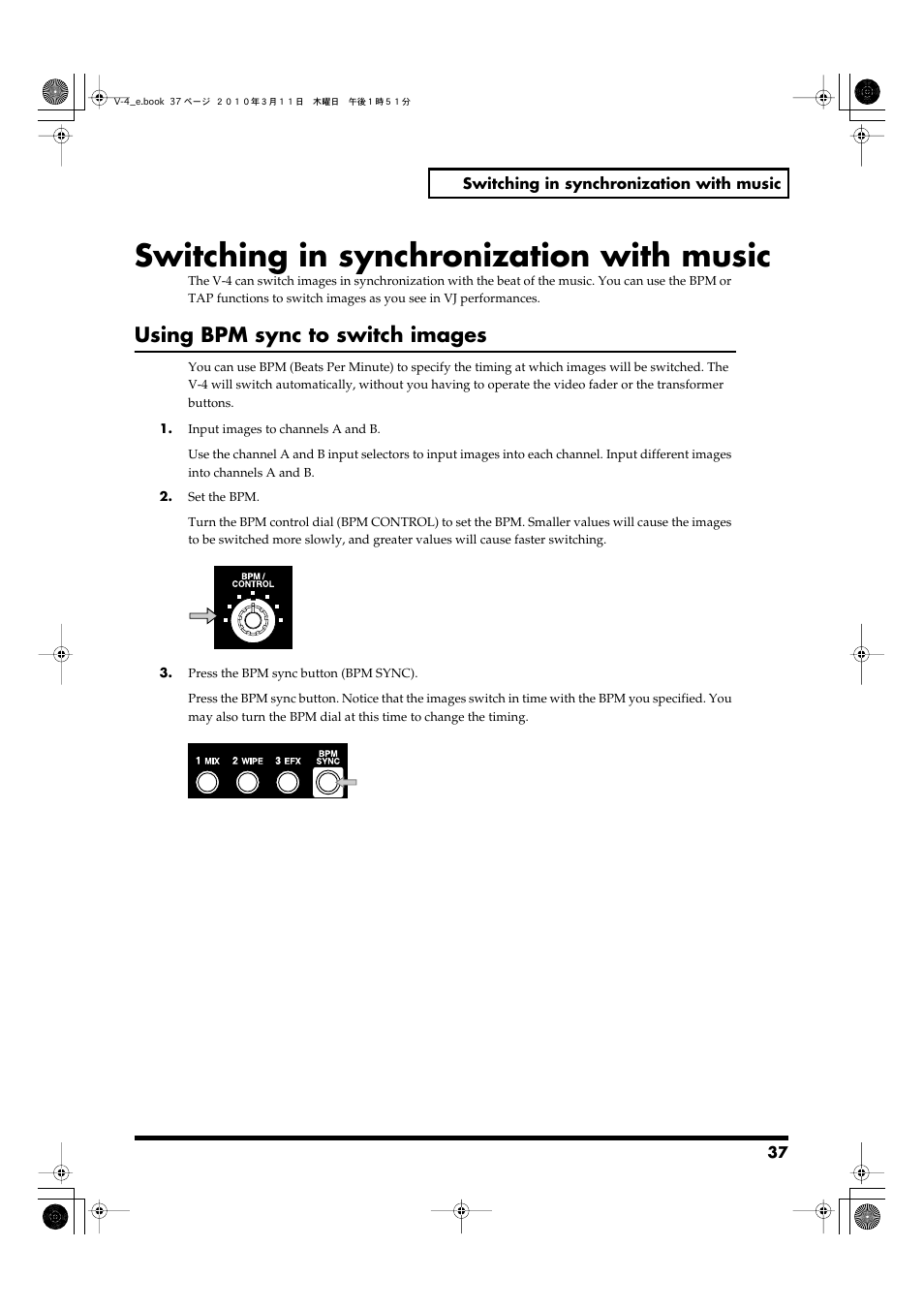 Switching in synchronization with music, Using bpm sync to switch images | Edirol 4-CHANNEL V-4 User Manual | Page 37 / 108