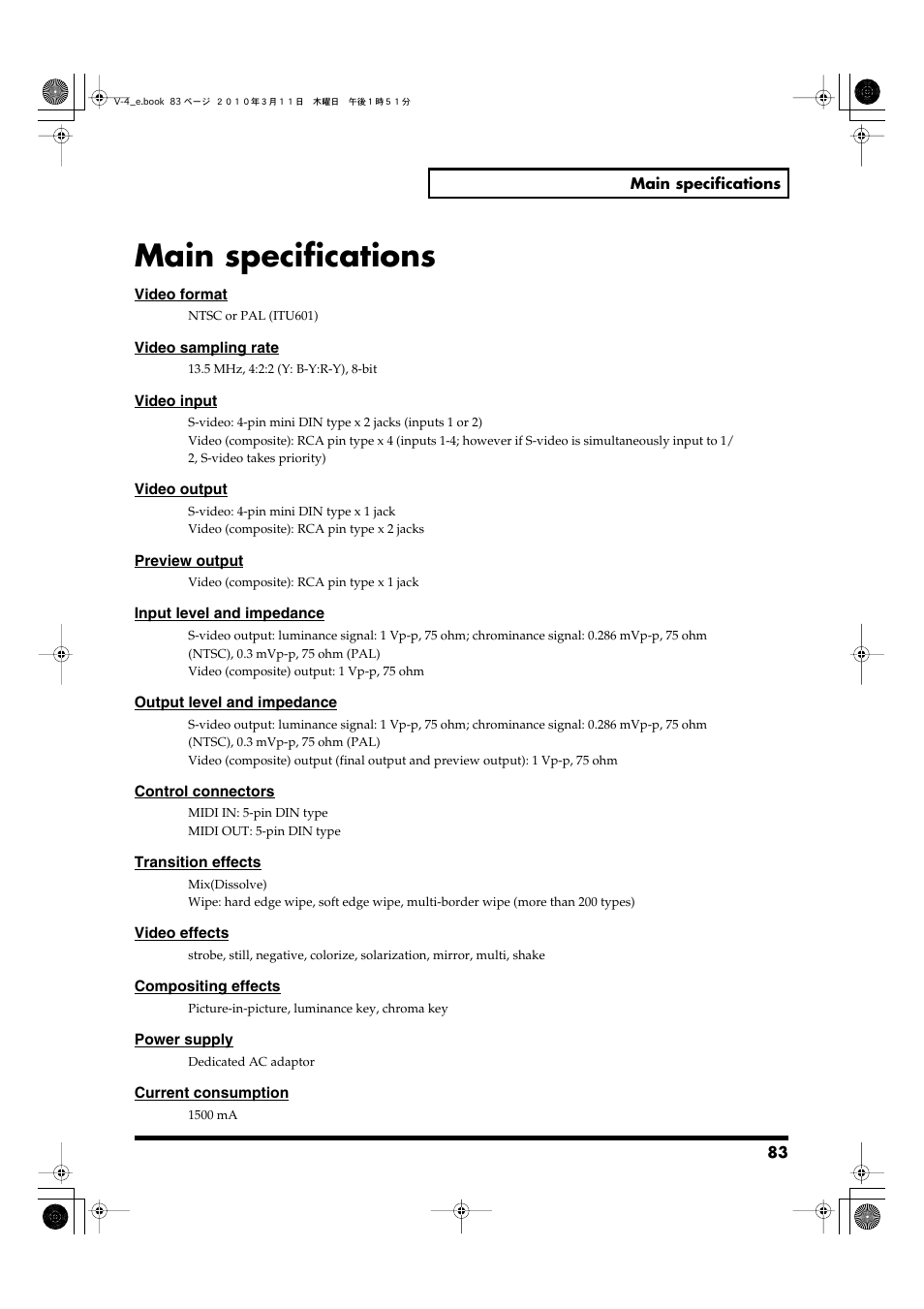 Main specifications | Edirol 4-CHANNEL V-4 User Manual | Page 83 / 108