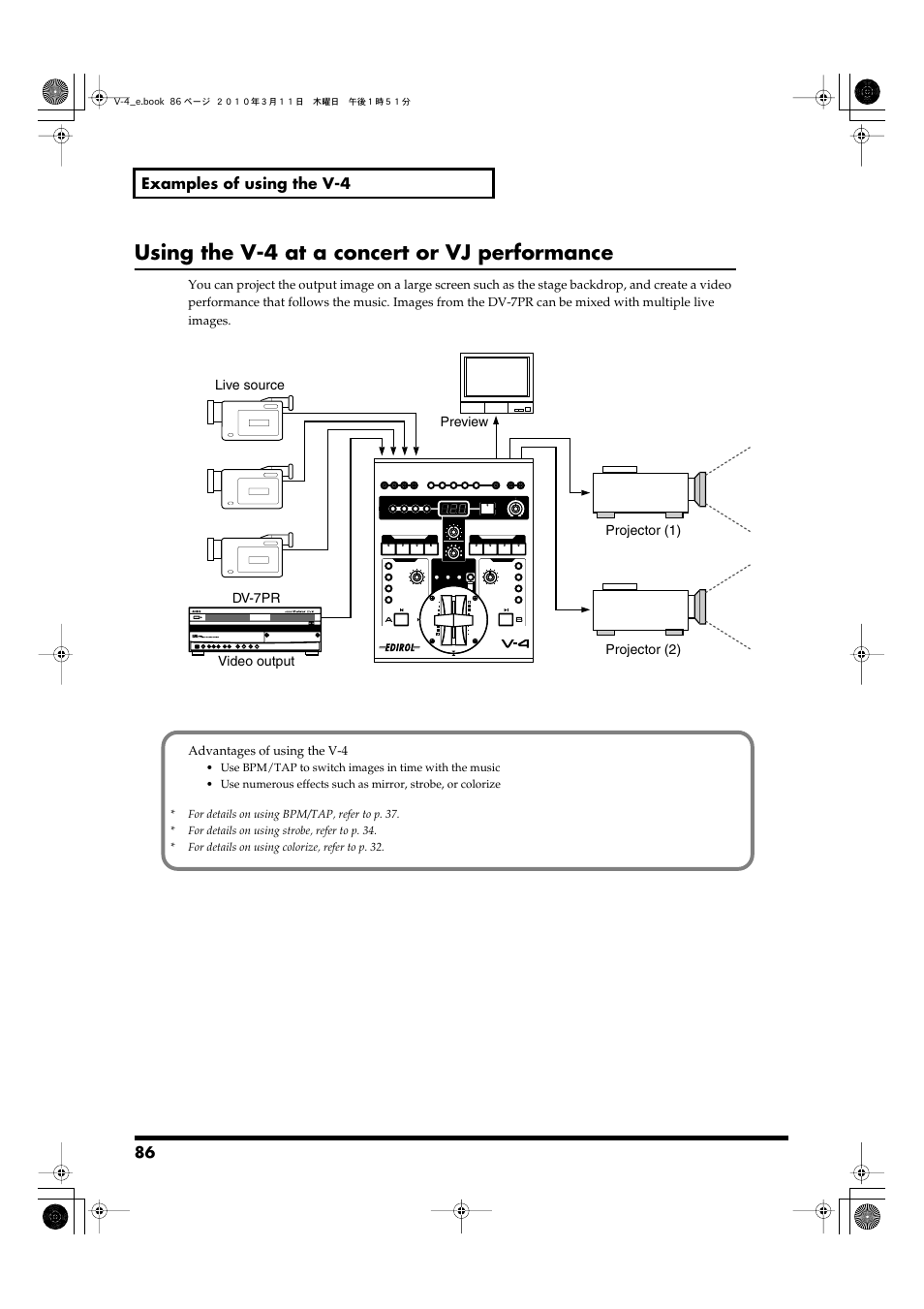 Using the v-4 at a concert or vj performance | Edirol 4-CHANNEL V-4 User Manual | Page 86 / 108