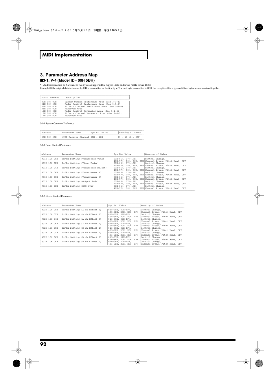 92 midi implementation 3. parameter address map | Edirol 4-CHANNEL V-4 User Manual | Page 92 / 108