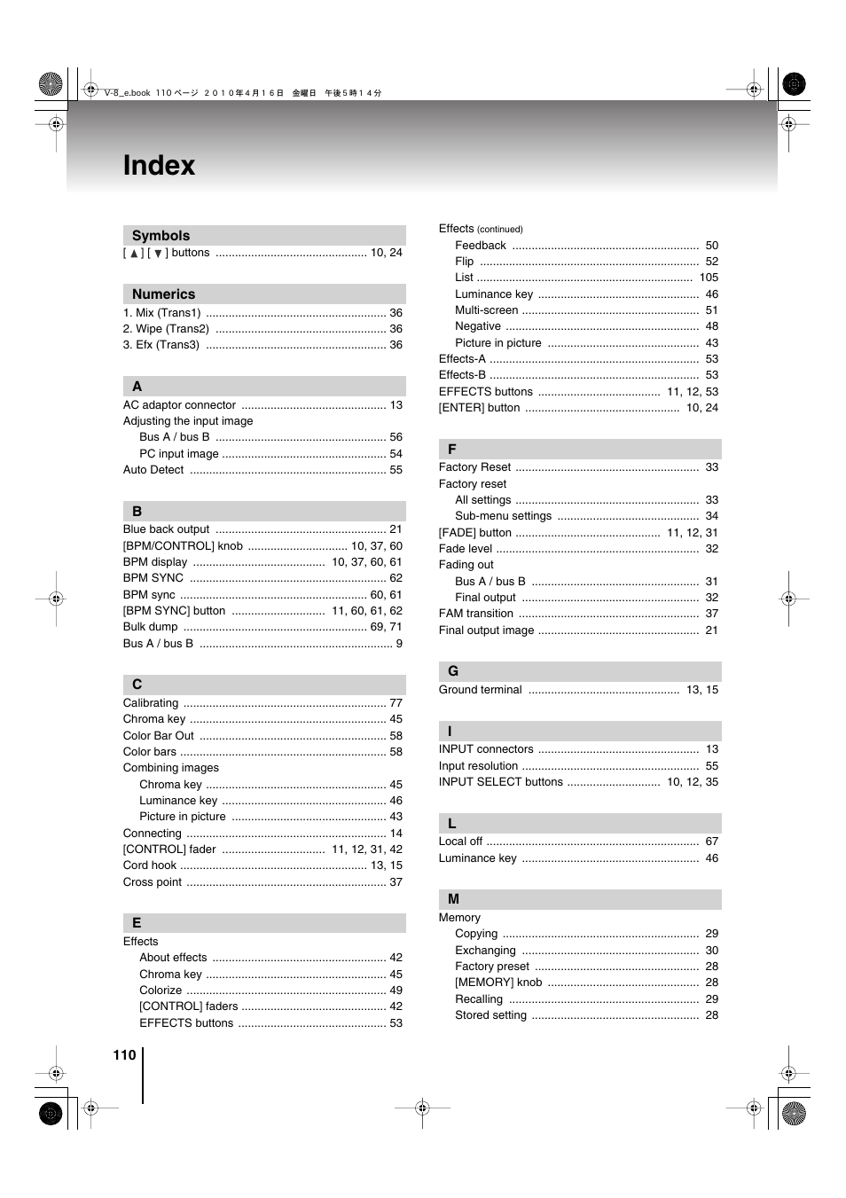 Index | Edirol V-8 User Manual | Page 110 / 116