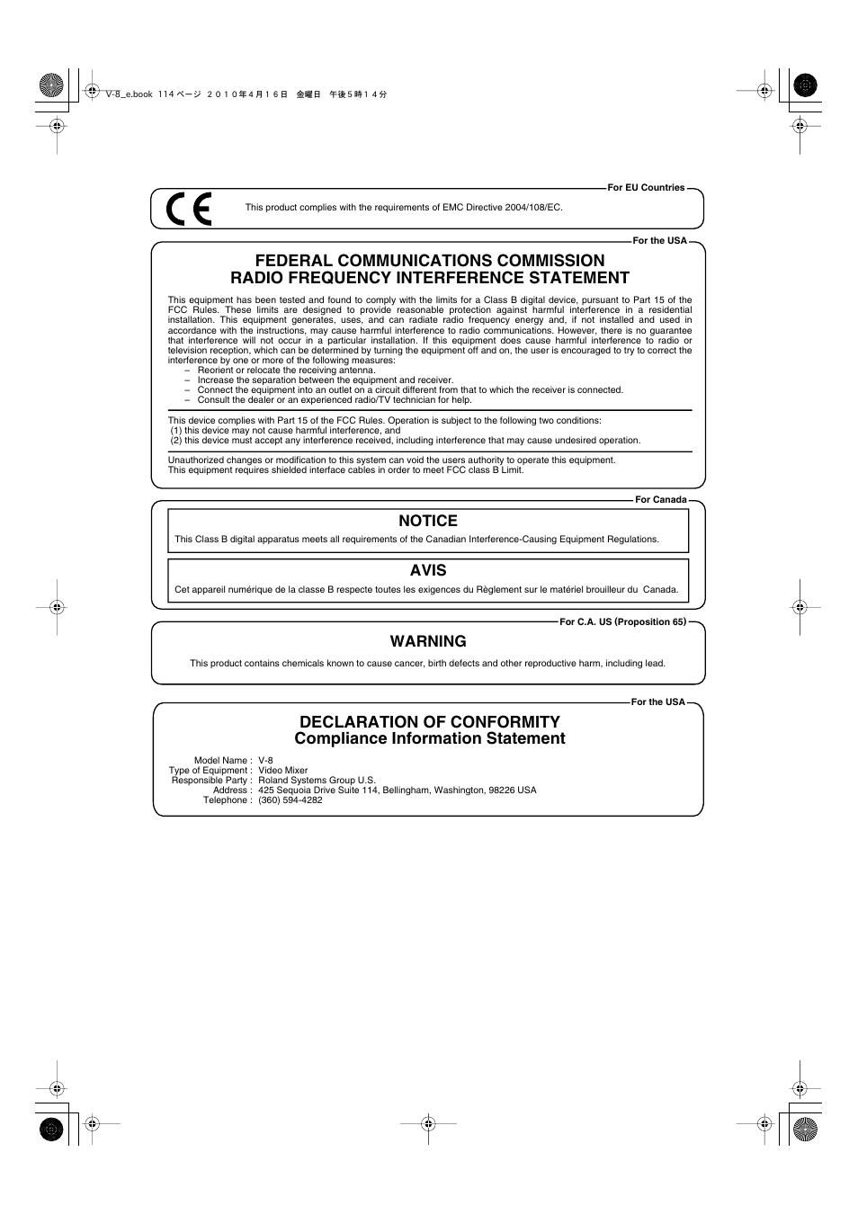 Notice avis, Warning | Edirol V-8 User Manual | Page 114 / 116