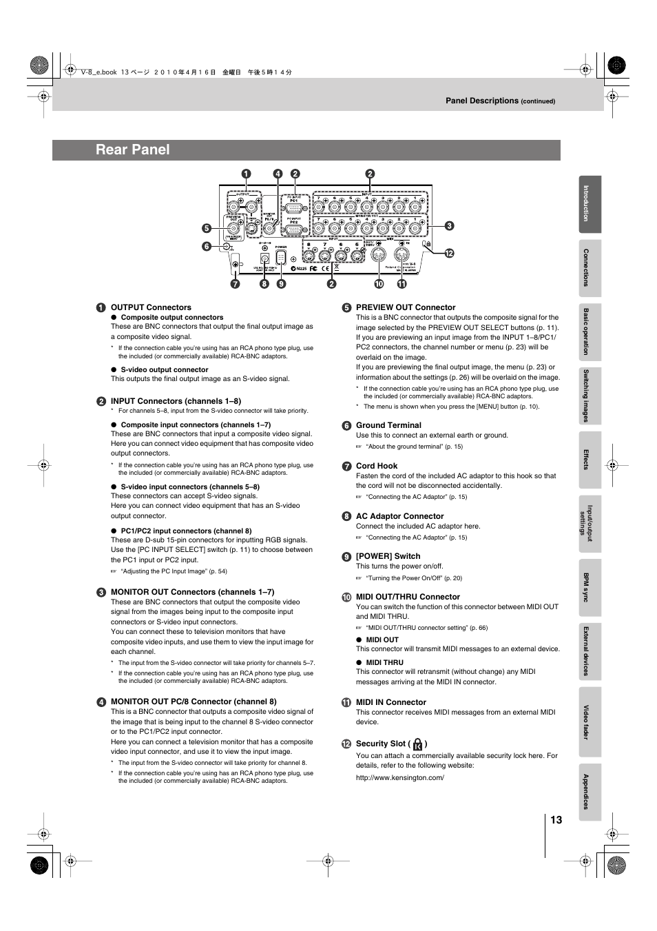 Rear panel, Connected to the preview out connector (p. 13), The preview out connector (p. 13) | Edirol V-8 User Manual | Page 13 / 116