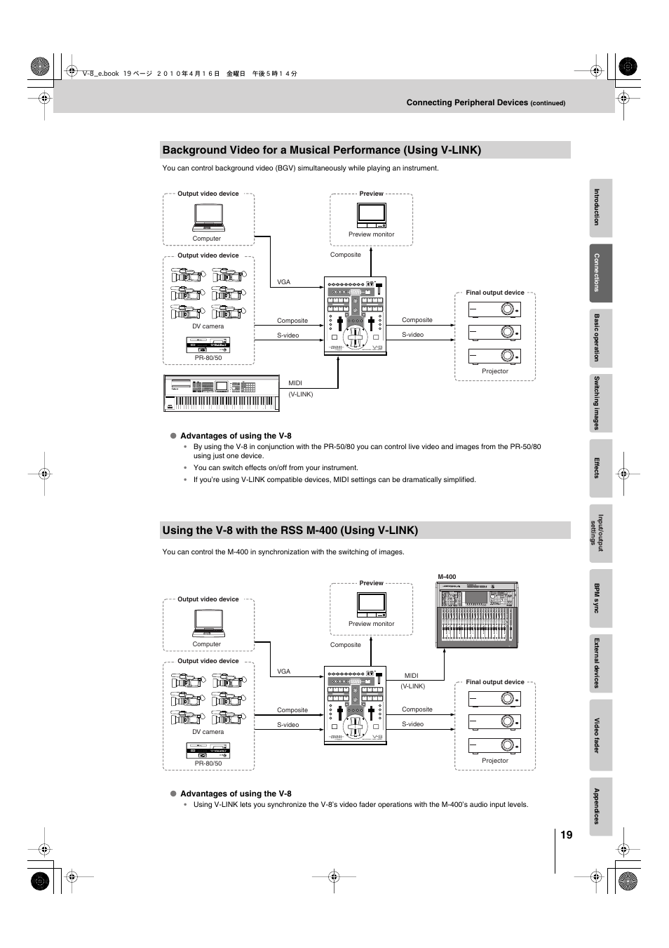 Using the v-8 with the rss m-400 (using v-link) | Edirol V-8 User Manual | Page 19 / 116