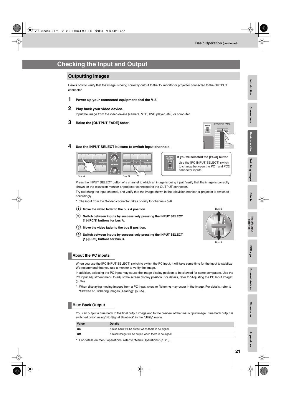 Checking the input and output, Outputting images | Edirol V-8 User Manual | Page 21 / 116