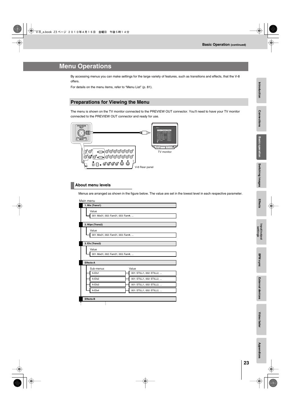 Menu operations, Preparations for viewing the menu, P. 23) or | About menu levels | Edirol V-8 User Manual | Page 23 / 116