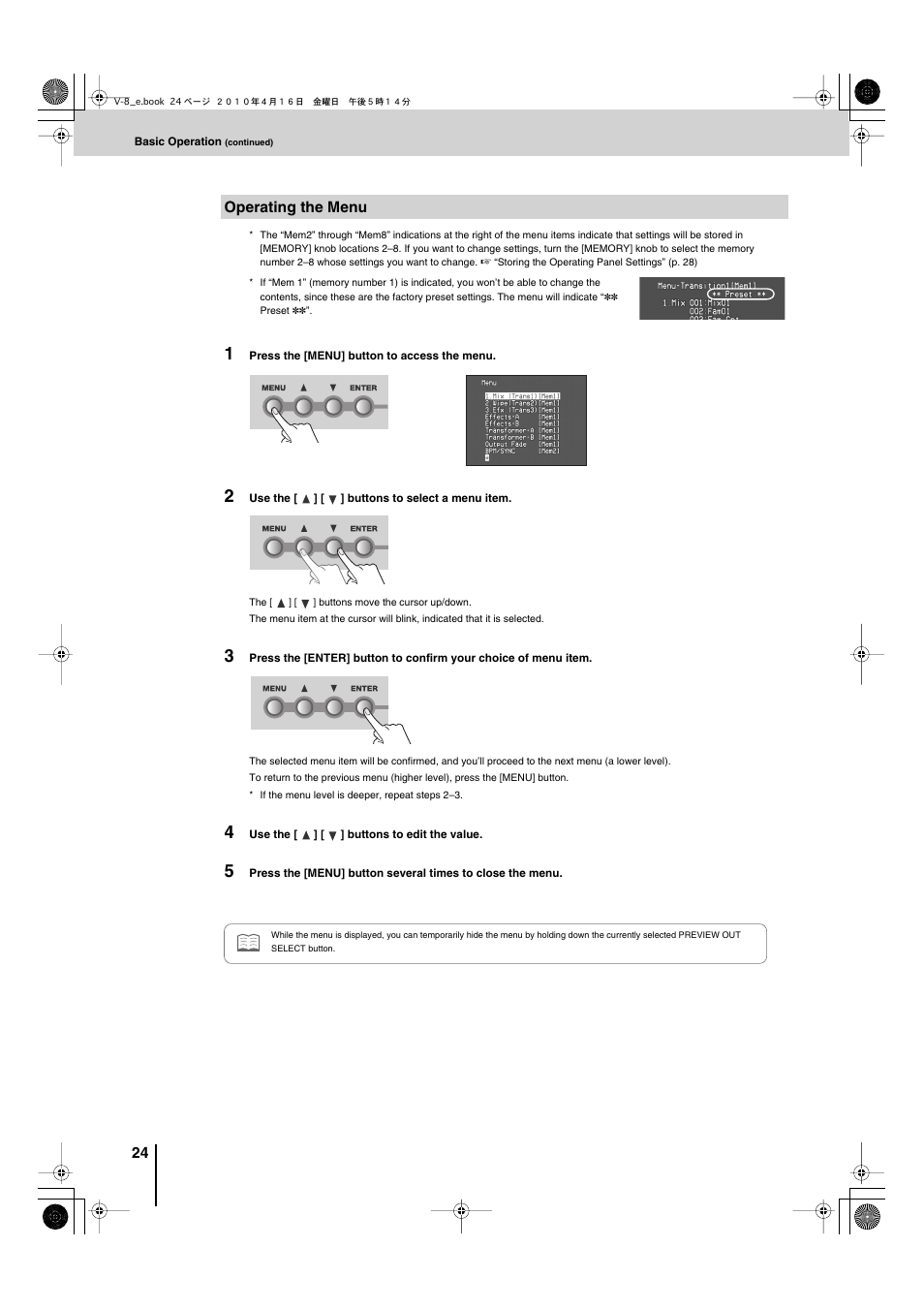 Operating the menu, Operating the menu” (p. 24) | Edirol V-8 User Manual | Page 24 / 116