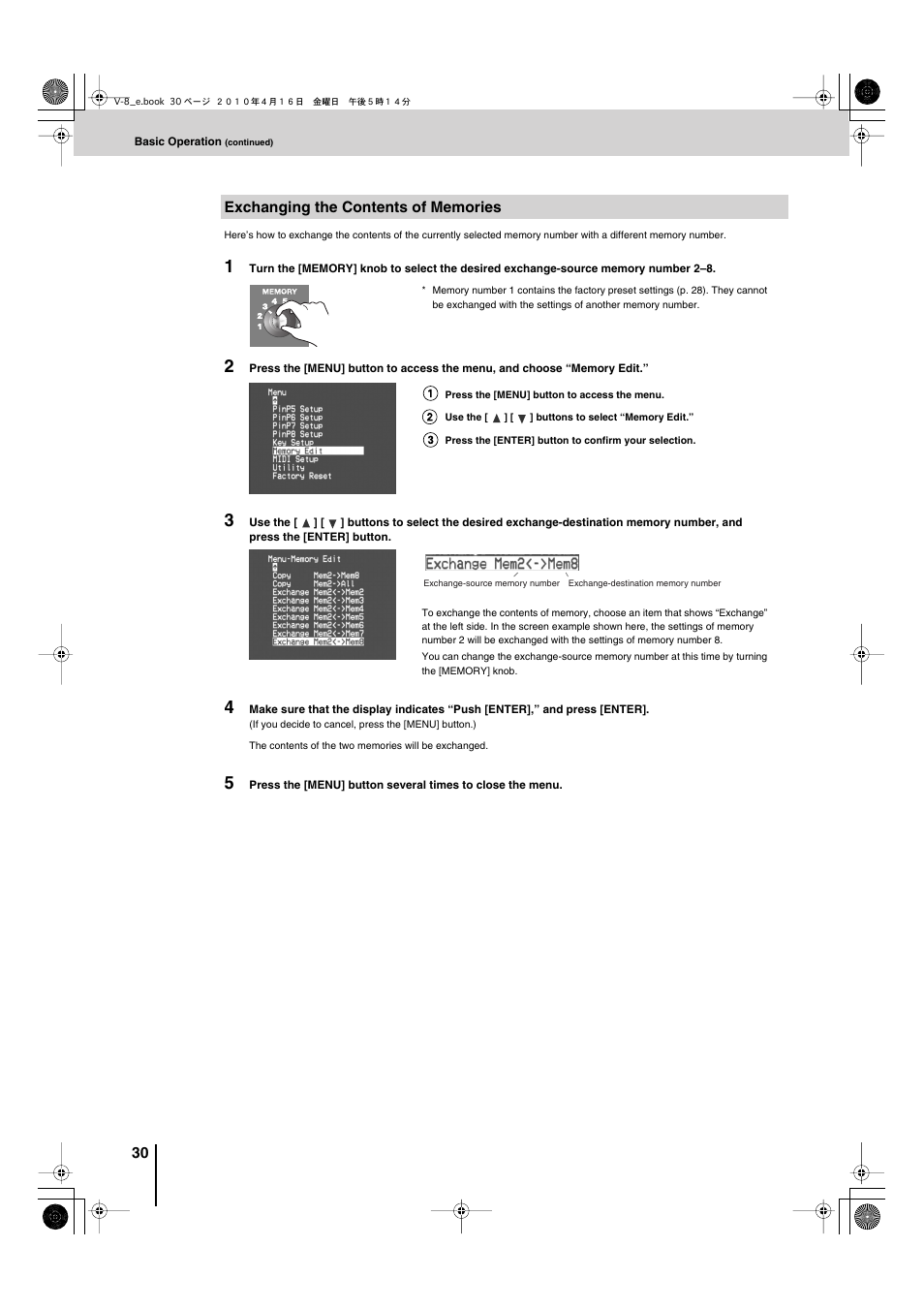 Exchanging the contents of memories | Edirol V-8 User Manual | Page 30 / 116