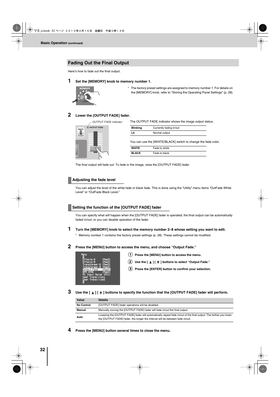 Fading out the final output, Fading out the final output” (p. 32) | Edirol V-8 User Manual | Page 32 / 116