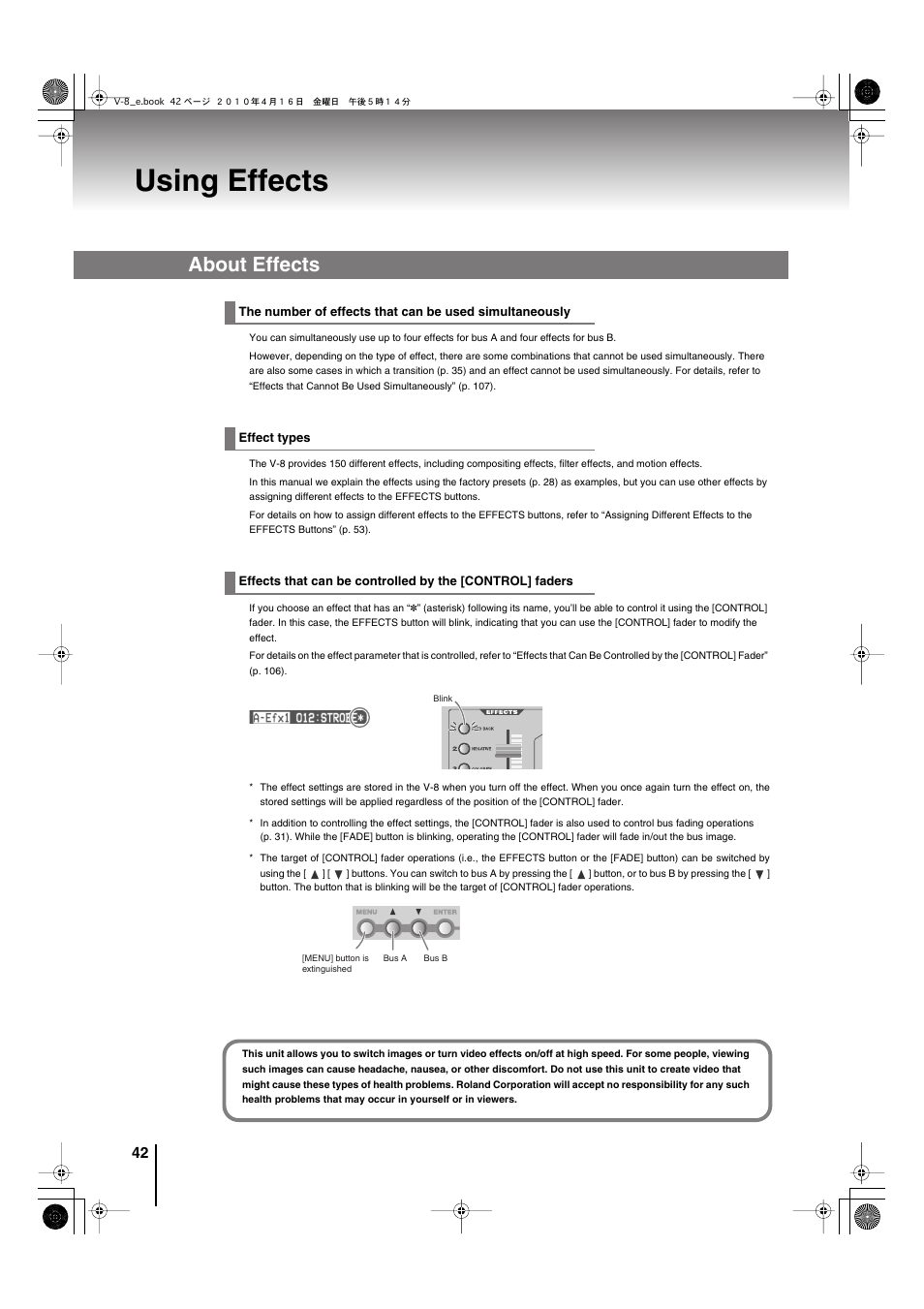 Using effects, About effects, Using effects” (p. 42) | Edirol V-8 User Manual | Page 42 / 116