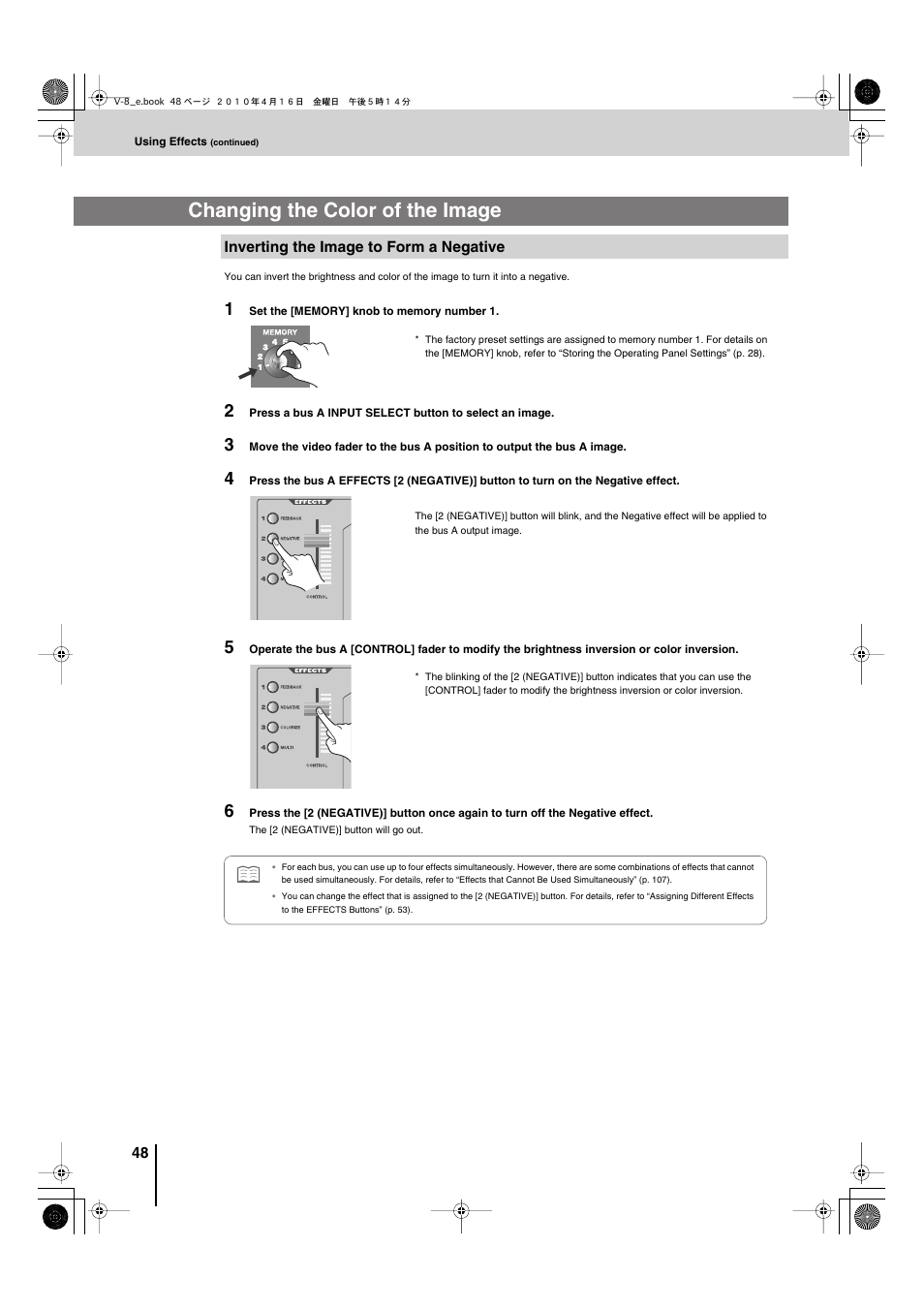 Changing the color of the image, Inverting the image to form a negative | Edirol V-8 User Manual | Page 48 / 116