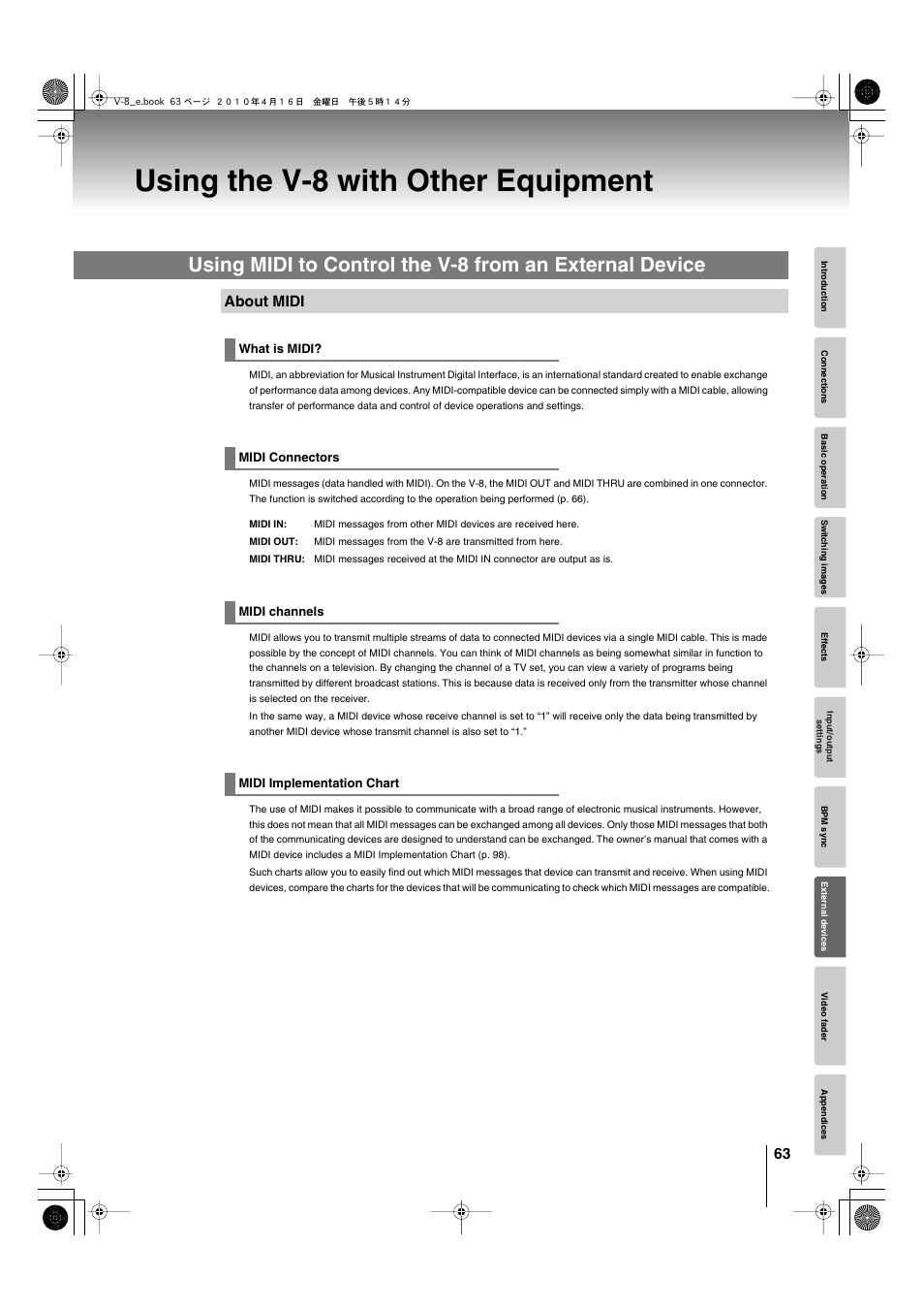 Using the v-8 with other equipment, About midi | Edirol V-8 User Manual | Page 63 / 116
