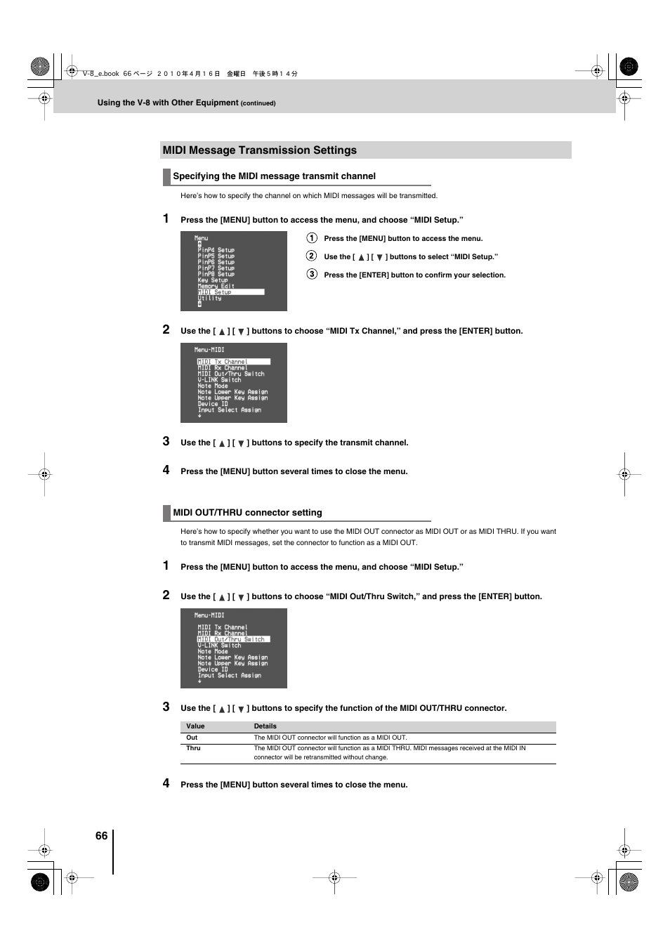 Midi message transmission settings, Midi out/thru connector setting” (p. 66) | Edirol V-8 User Manual | Page 66 / 116