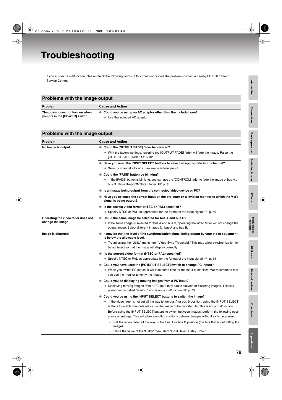 Troubleshooting, Problems with the image output | Edirol V-8 User Manual | Page 79 / 116
