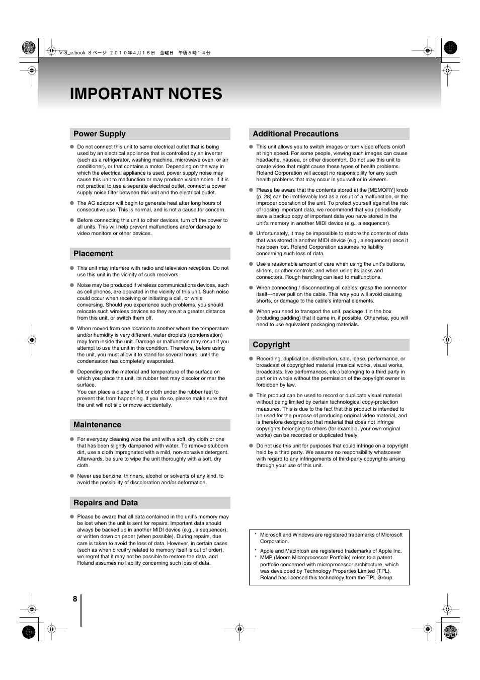 Important notes | Edirol V-8 User Manual | Page 8 / 116