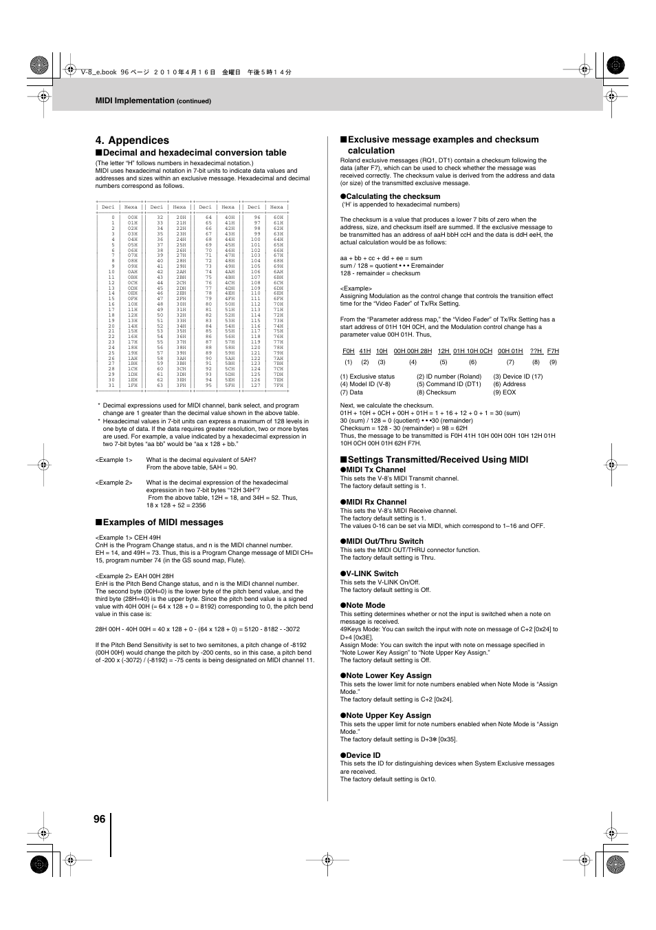 Message examples and checksum calculation” (p. 96), Using midi” (p. 96), Settings transmitted/received using midi” (p. 96) | 96 4. appendices | Edirol V-8 User Manual | Page 96 / 116