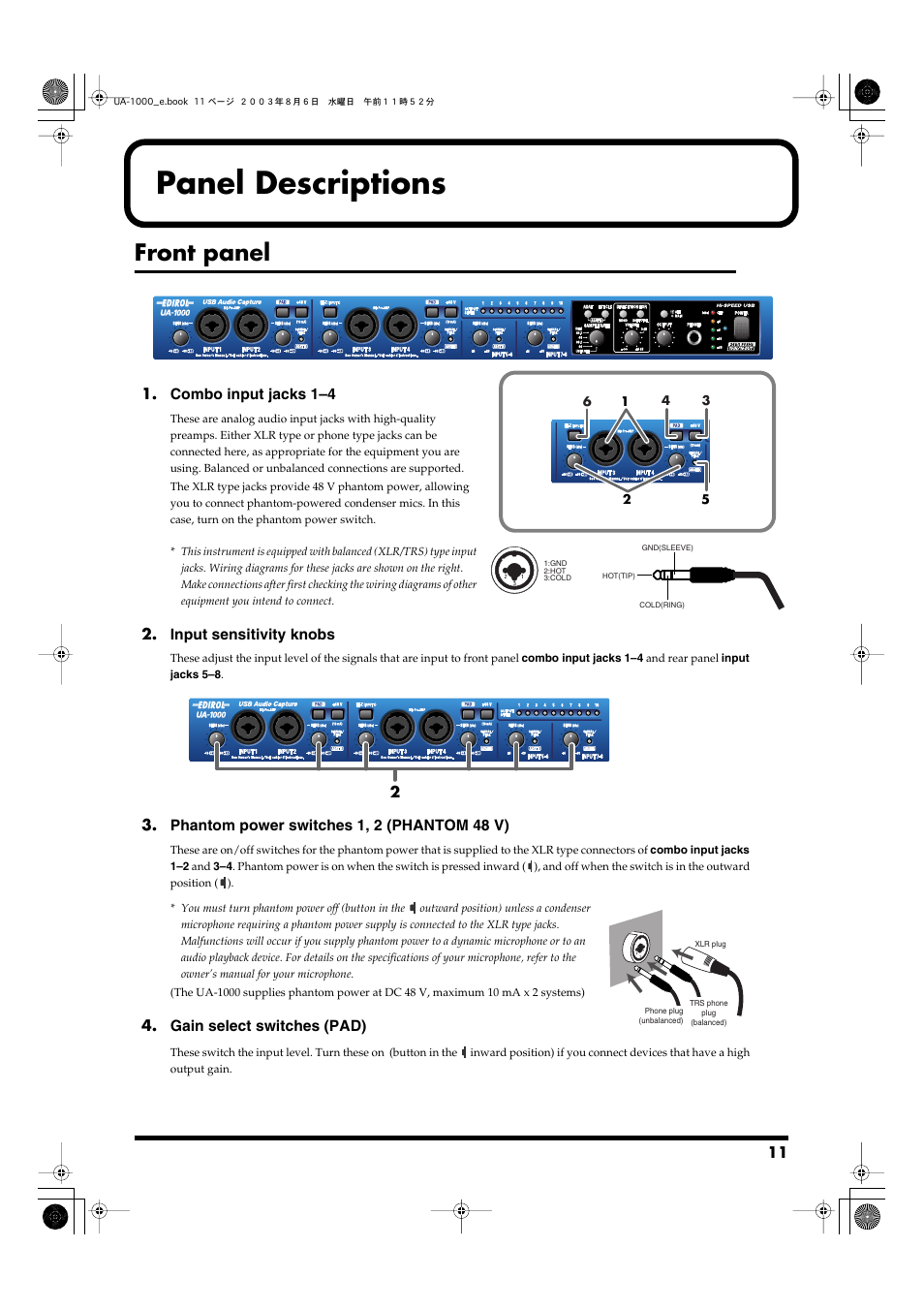 Panel descriptions, Front panel | Edirol UA-1000 User Manual | Page 11 / 56