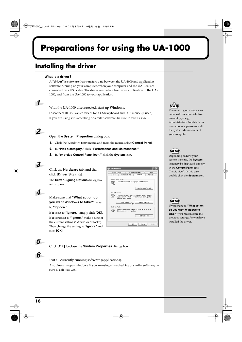 Preparations for using the ua-1000, Installing the driver | Edirol UA-1000 User Manual | Page 18 / 56