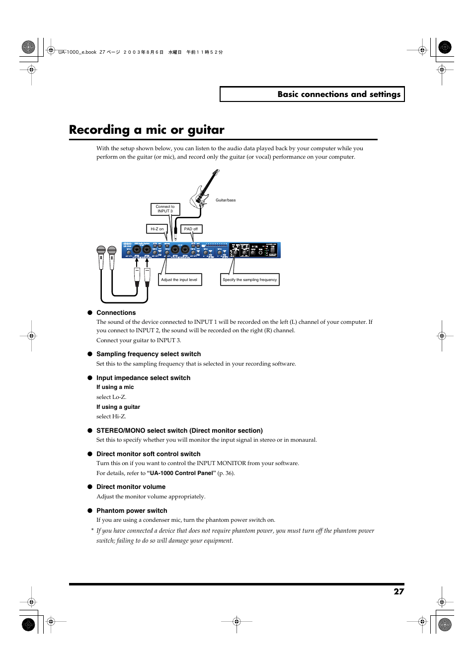 Recording a mic or guitar | Edirol UA-1000 User Manual | Page 27 / 56