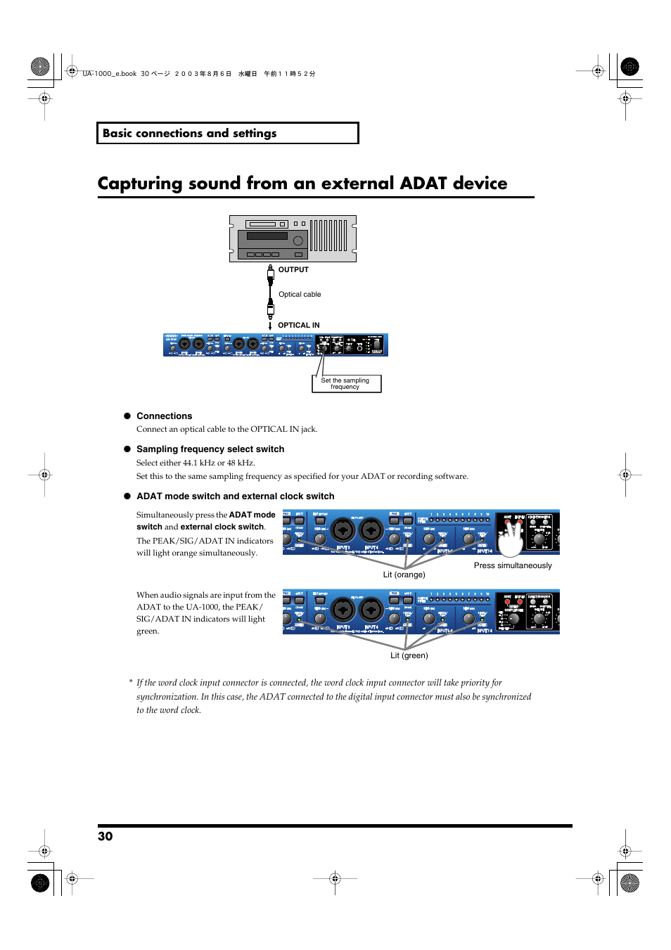 Capturing sound from an external adat device, 30 basic connections and settings | Edirol UA-1000 User Manual | Page 30 / 56