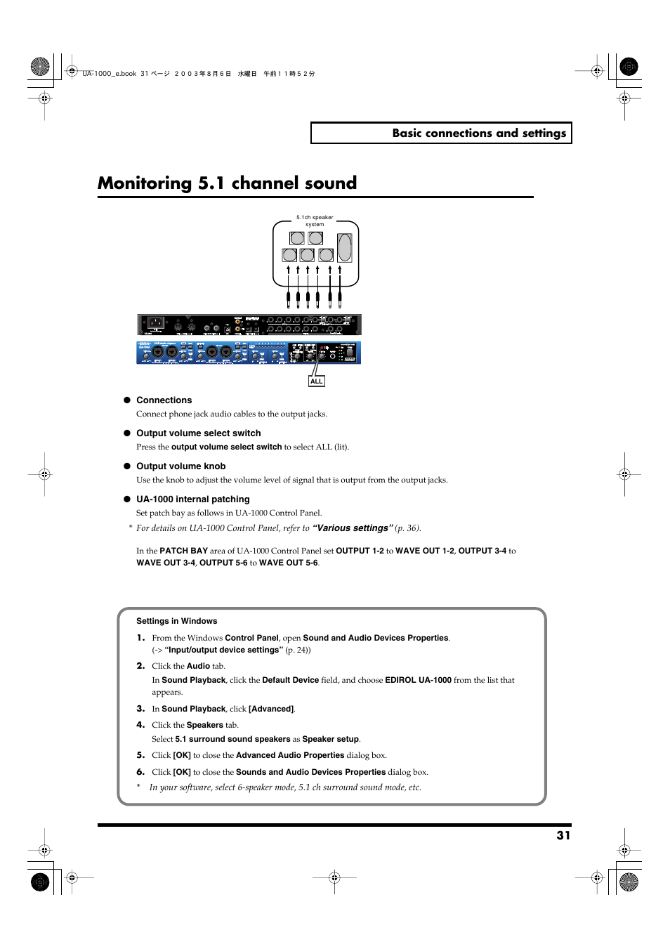 Monitoring 5.1 channel sound | Edirol UA-1000 User Manual | Page 31 / 56