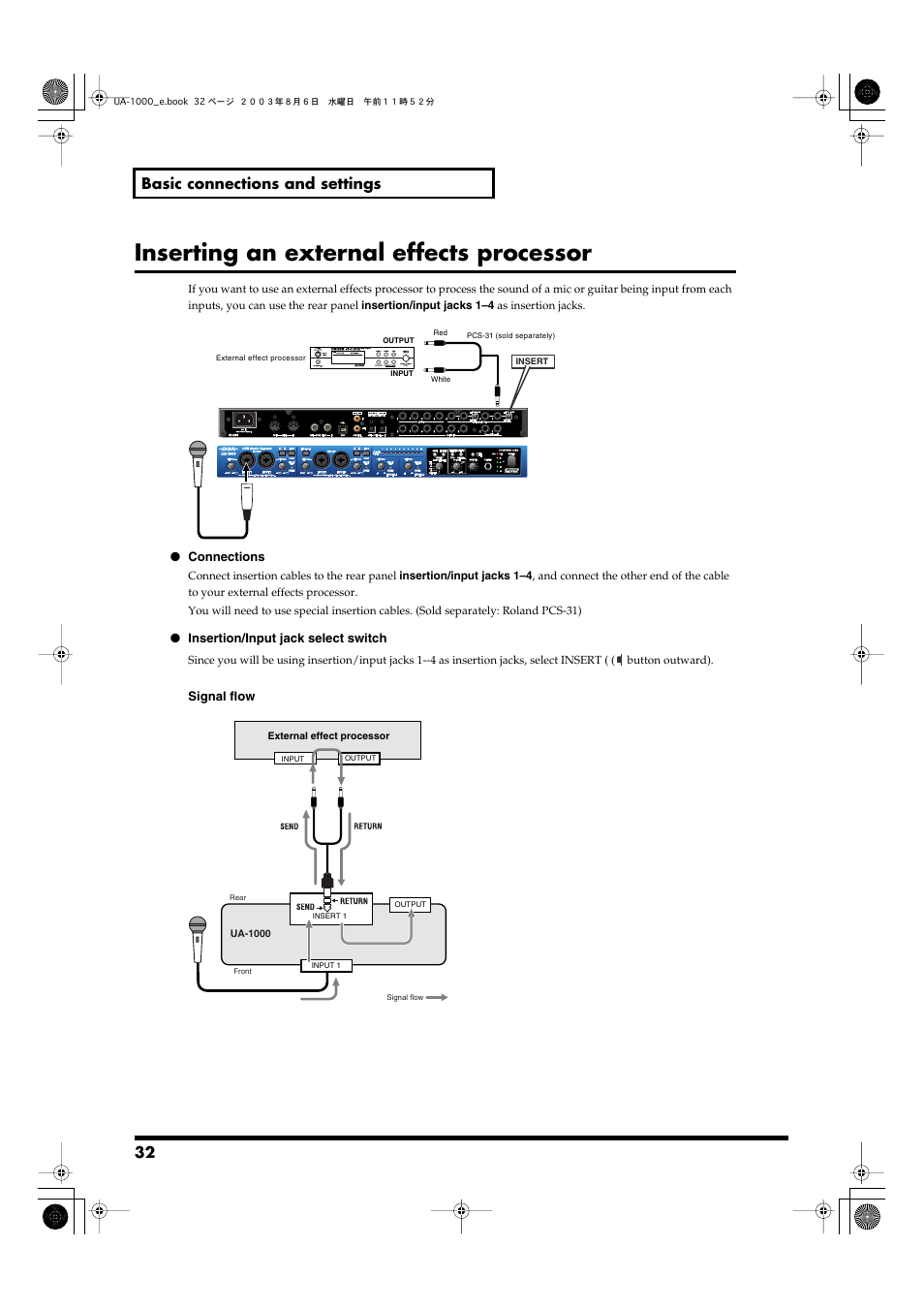 Inserting an external effects processor, For details, refer to, P. 32) | For details on use, refer to, 32 basic connections and settings | Edirol UA-1000 User Manual | Page 32 / 56