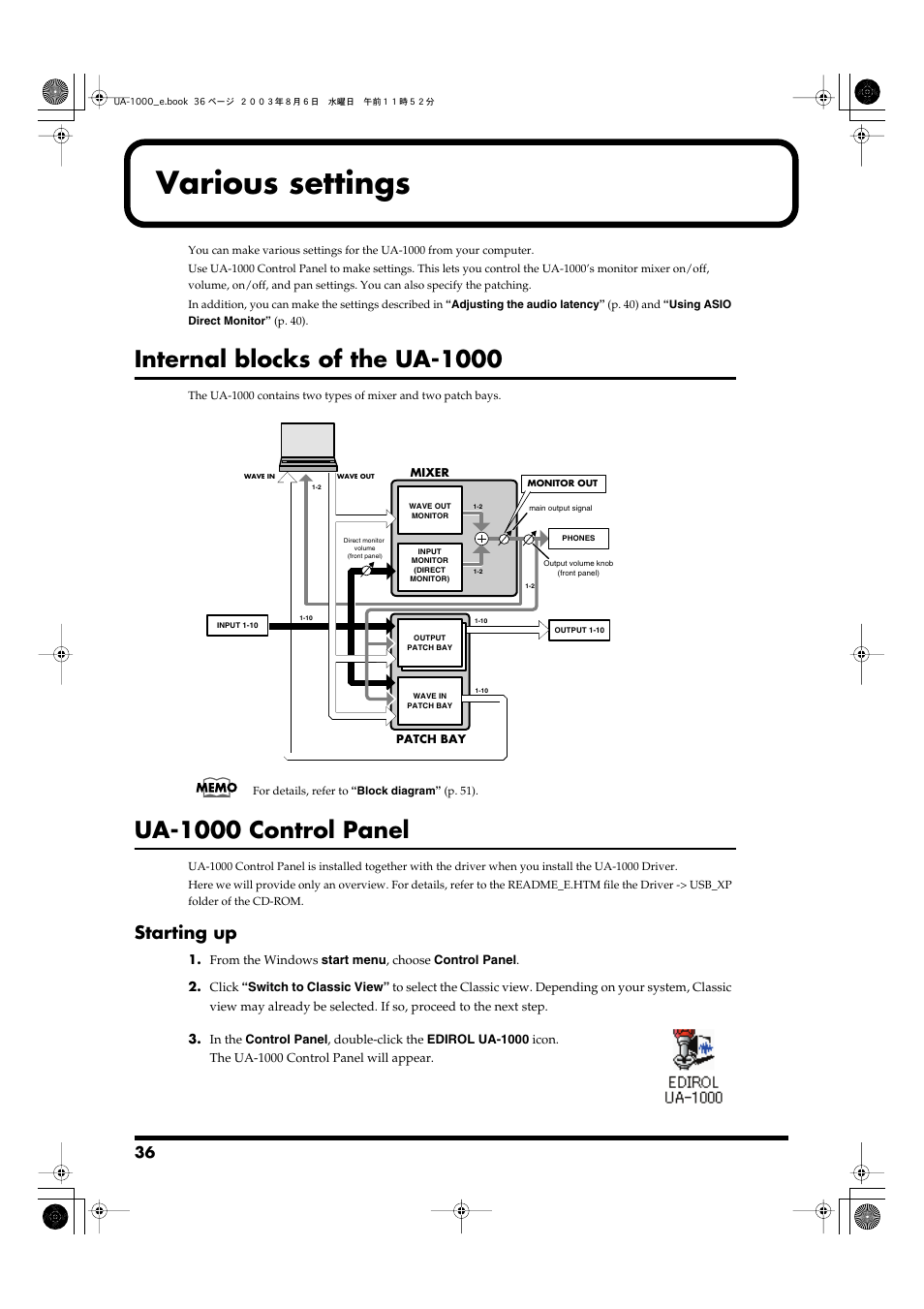 Various settings, Internal blocks of the ua-1000, Ua-1000 control panel | Starting up, P. 36), For details, refer to, For details on ua-1000 control panel, refer to | Edirol UA-1000 User Manual | Page 36 / 56