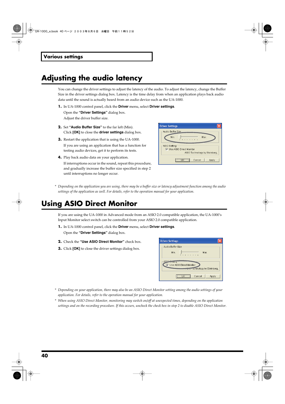 Adjusting the audio latency, Using asio direct monitor, P. 40) and | Using asio, Direct monitor, P. 40), 40 various settings | Edirol UA-1000 User Manual | Page 40 / 56