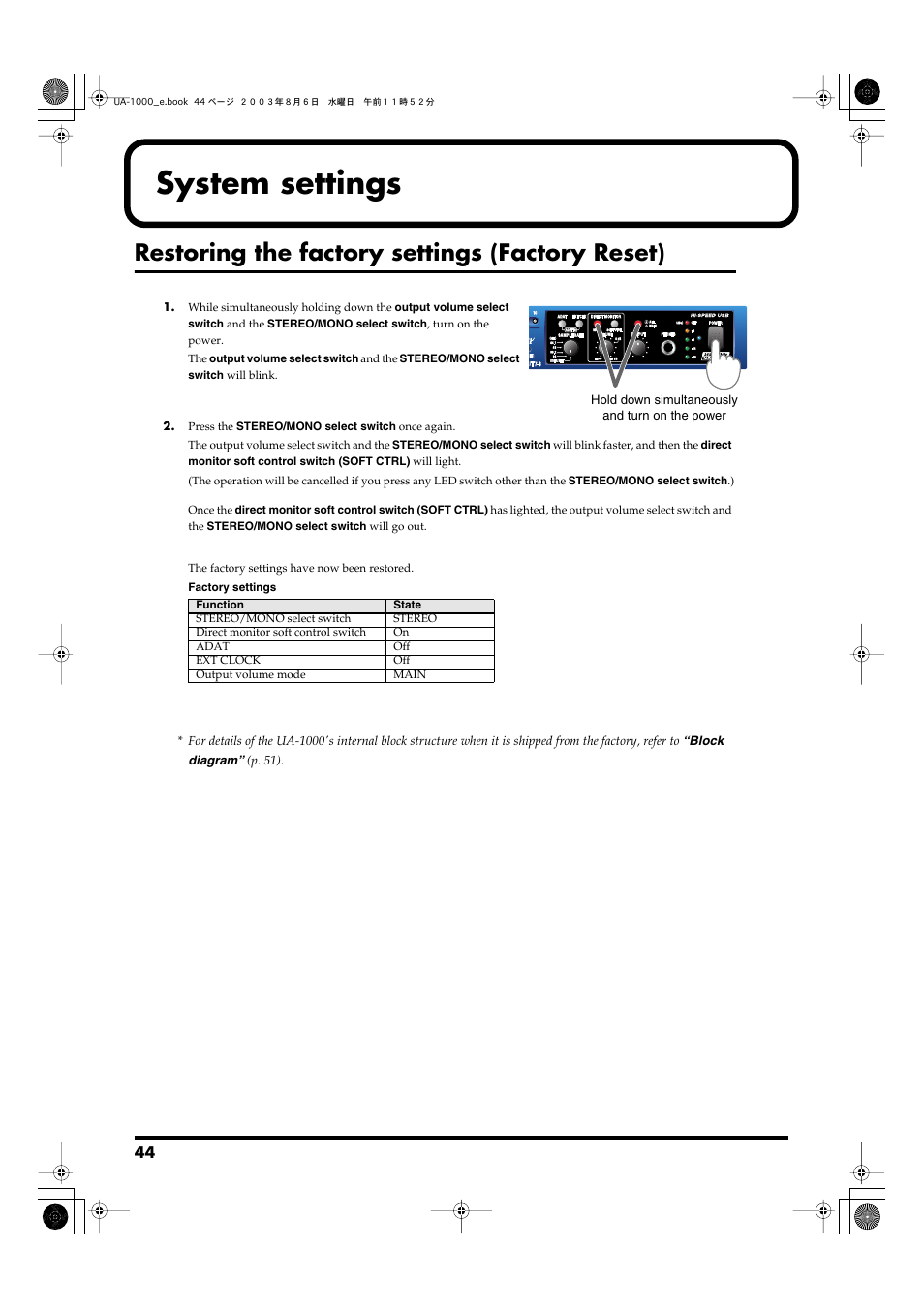 System settings, Restoring the factory settings (factory reset) | Edirol UA-1000 User Manual | Page 44 / 56