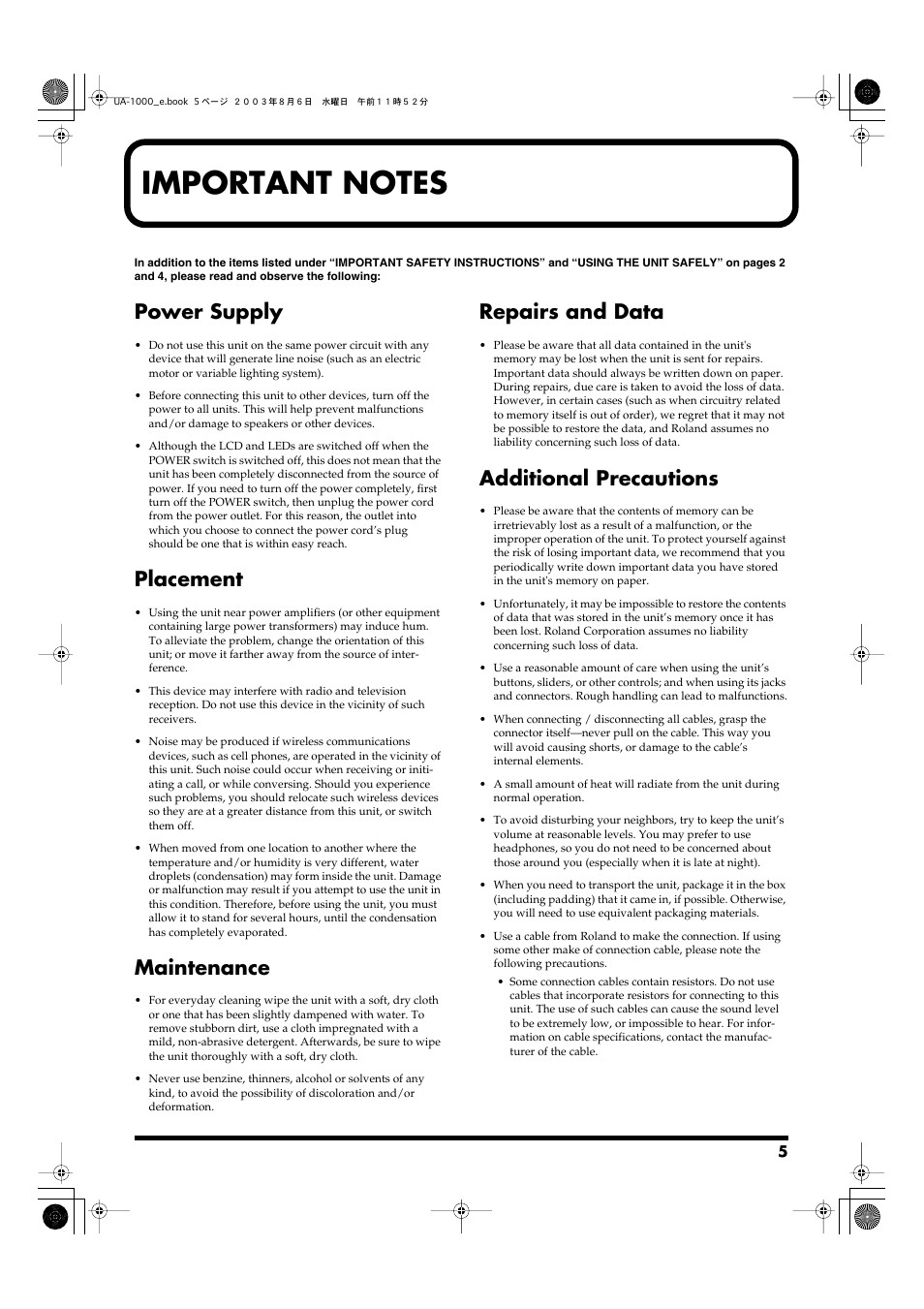 Important notes, Power supply, Placement | Maintenance, Repairs and data, Additional precautions | Edirol UA-1000 User Manual | Page 5 / 56