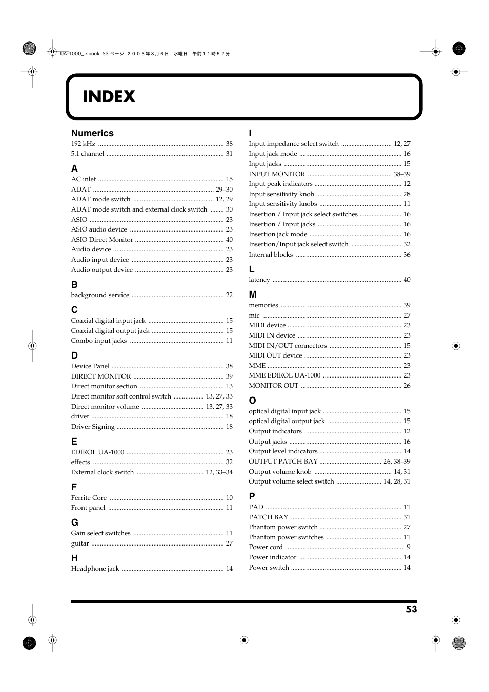 Index | Edirol UA-1000 User Manual | Page 53 / 56