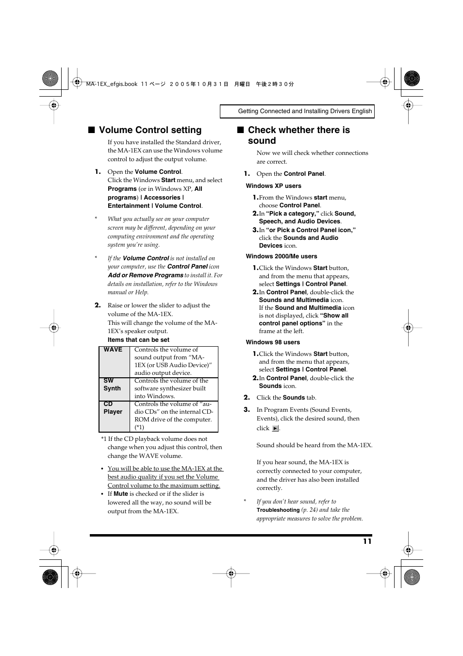 Volume control setting, Check whether there is sound | Edirol MA-1EX User Manual | Page 11 / 32
