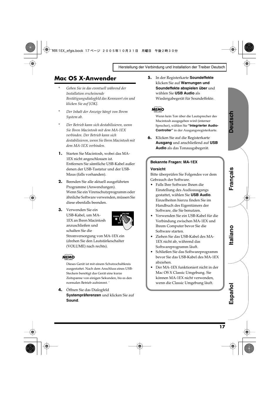 Mac os x-anwender, Español italiano français deutsch | Edirol MA-1EX User Manual | Page 17 / 32