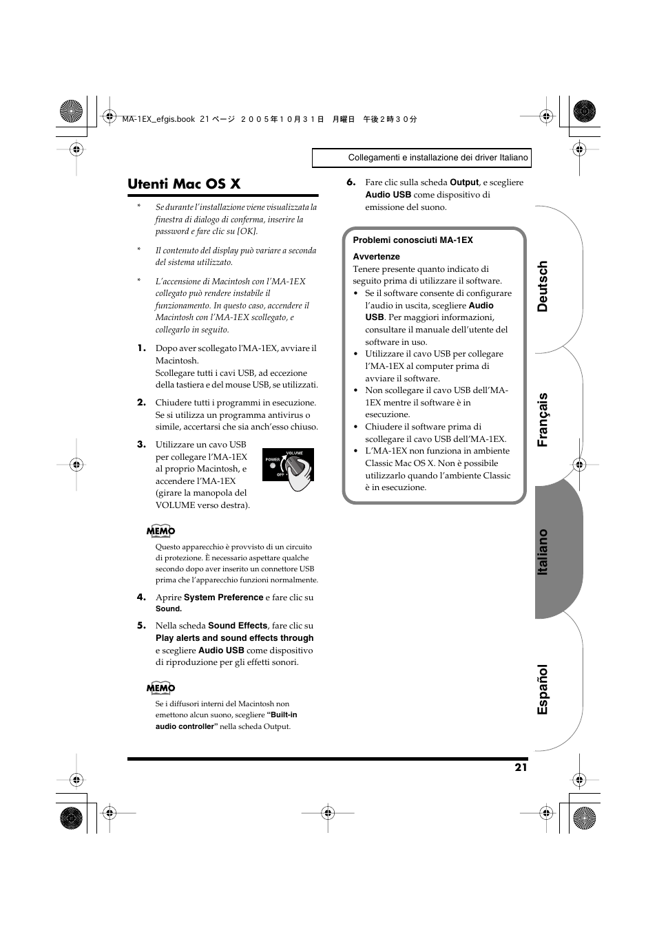 Utenti mac os x, Español italiano français deutsch | Edirol MA-1EX User Manual | Page 21 / 32