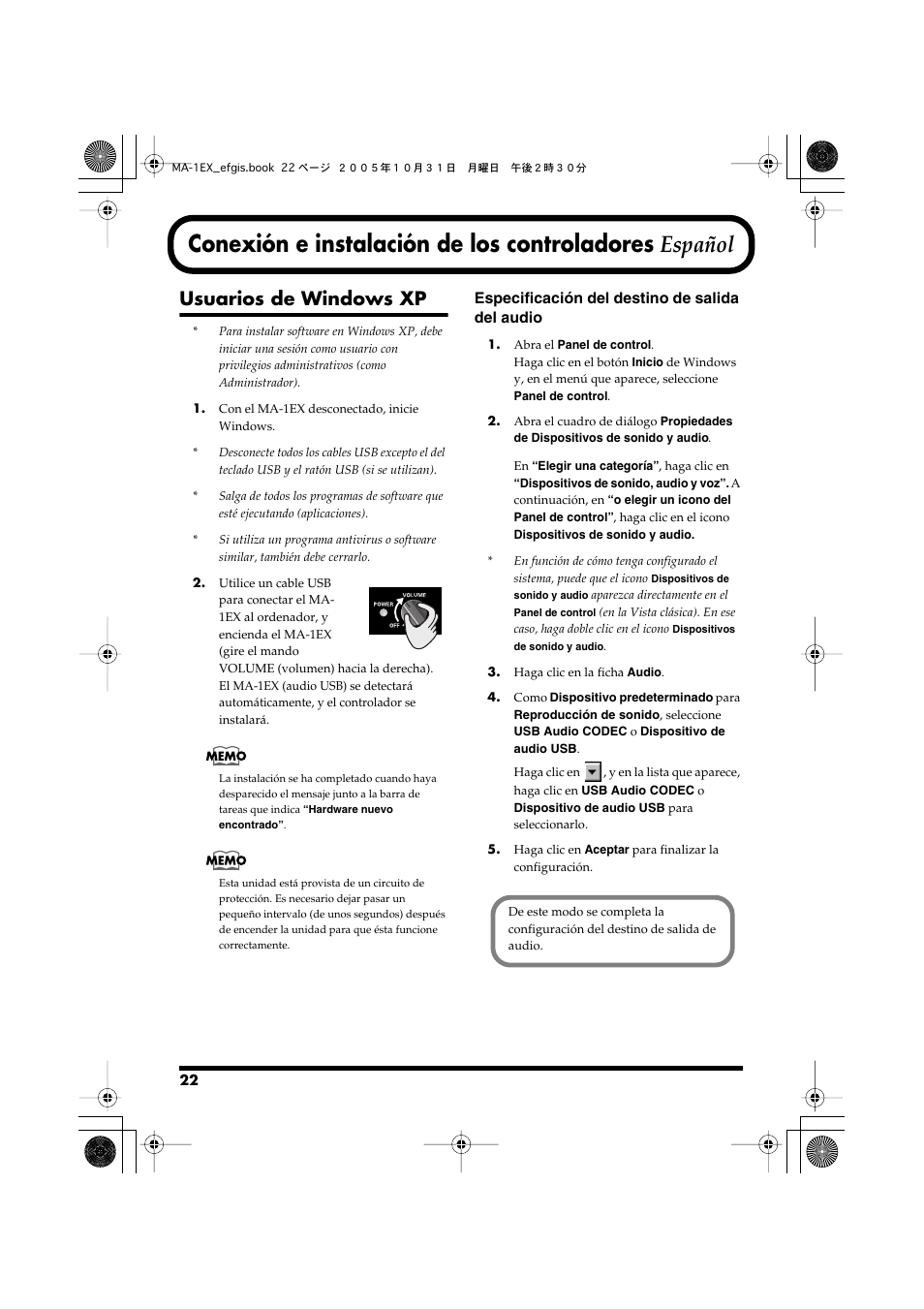 Usuarios de windows xp, Conexión e instalación de los controladores, Español | Especificación del destino de salida del audio | Edirol MA-1EX User Manual | Page 22 / 32